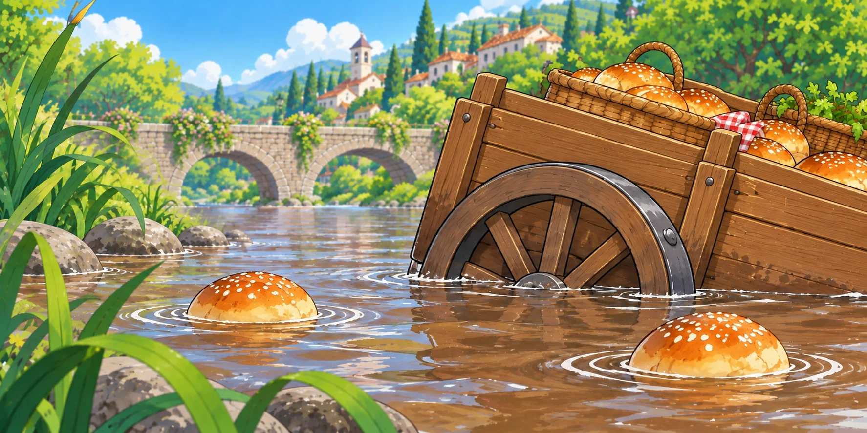 Water swirls around the stranded cart wheel and its load of buns.