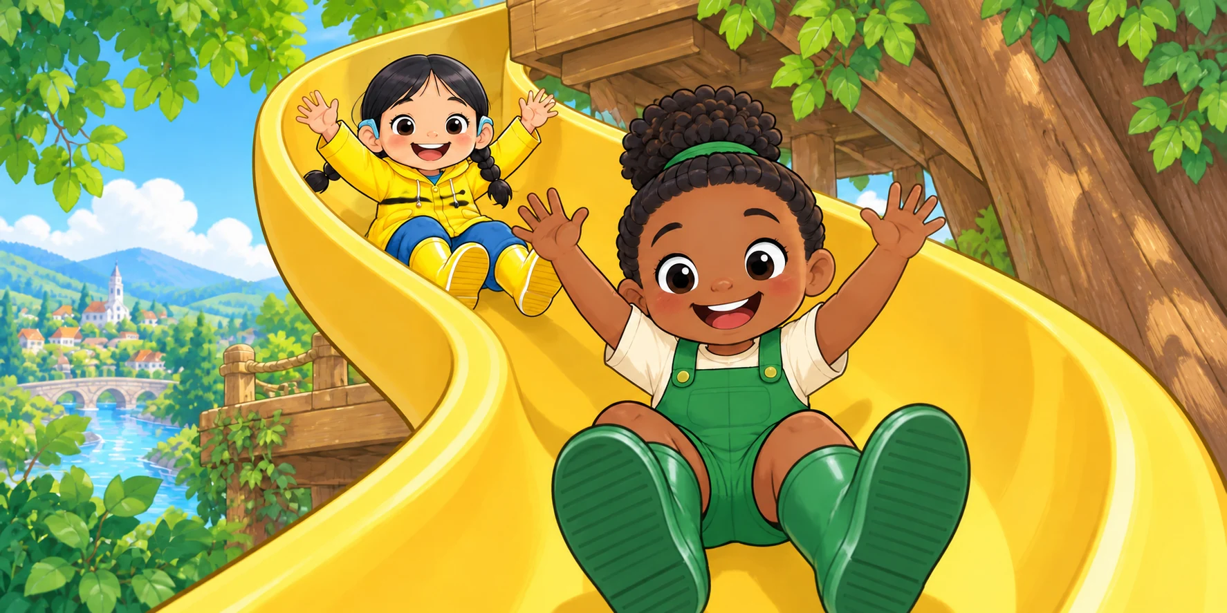 Ivy and Hana laugh together on the curving yellow slide.