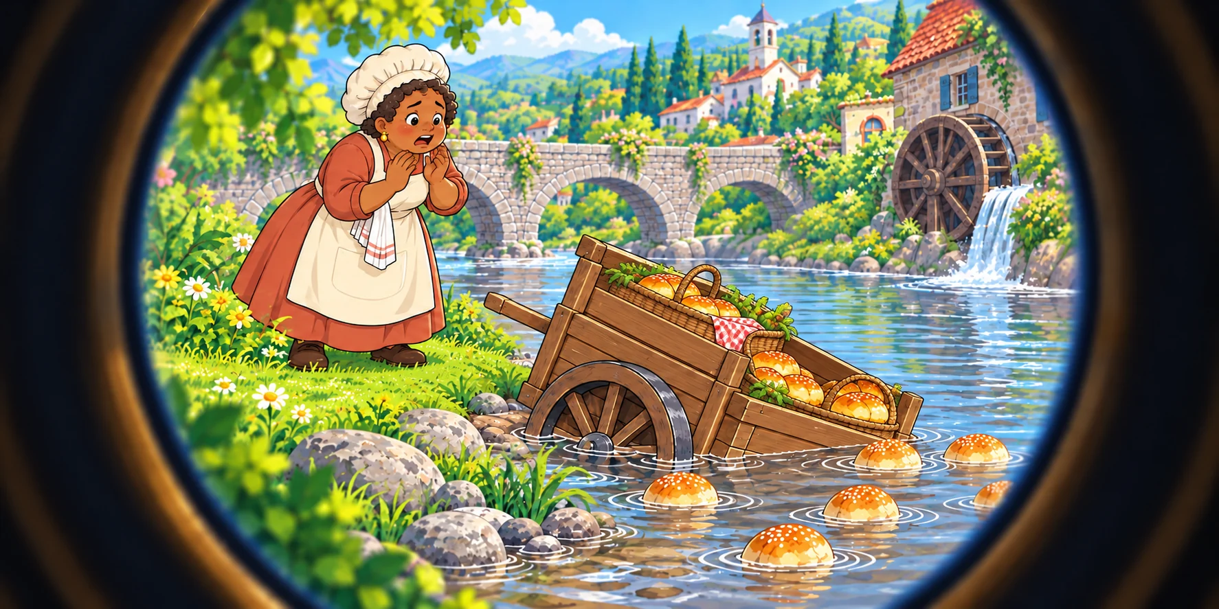 "Roostlings! The Bell!" called Fig. "Up and out!" called four kids. Fig kept the Roost. She had the big glass at her eye, for seeing far. "The Baker's cart is in the River. Buns and all." Illustration for story page 5.