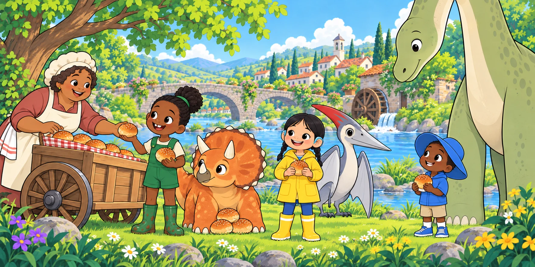 "Oh, thank you," said the Baker. "Buns! The dry ones. Have a bun." Everybody had a bun. Pebble had four. Ivy took one for Waffle. She waved from the bank. "Ring the Bell, and we'll come." Illustration for story page 25.