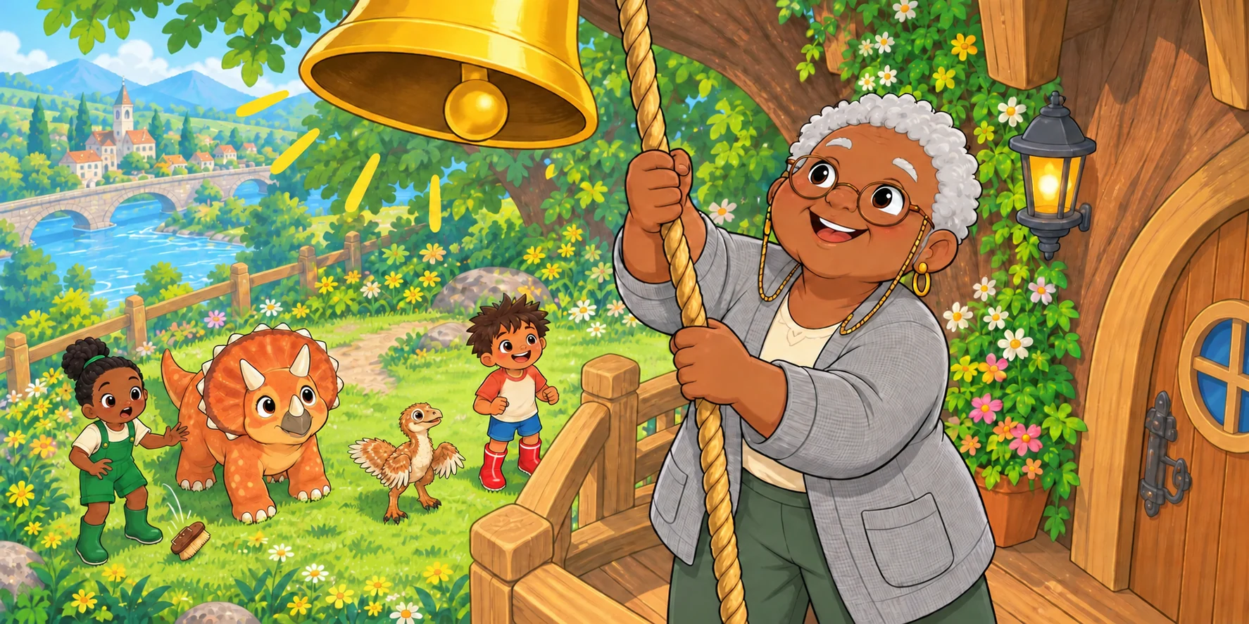 Fig pulls the golden bell rope beside the flower-covered Roost.
