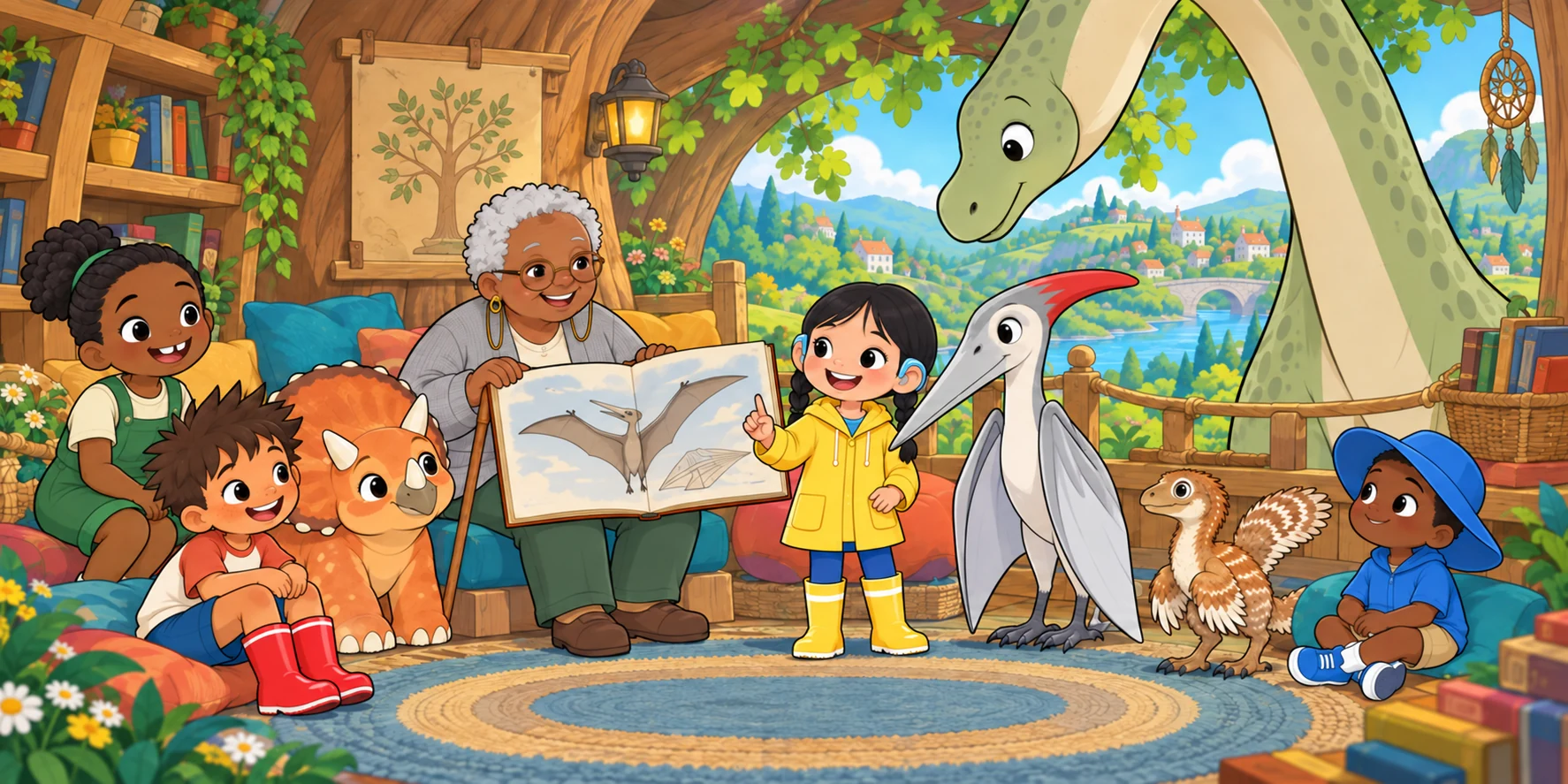 "Big Book, open." Fig found the page with the wings. "Three true things about the Pteranodon." Illustration for story page 27.