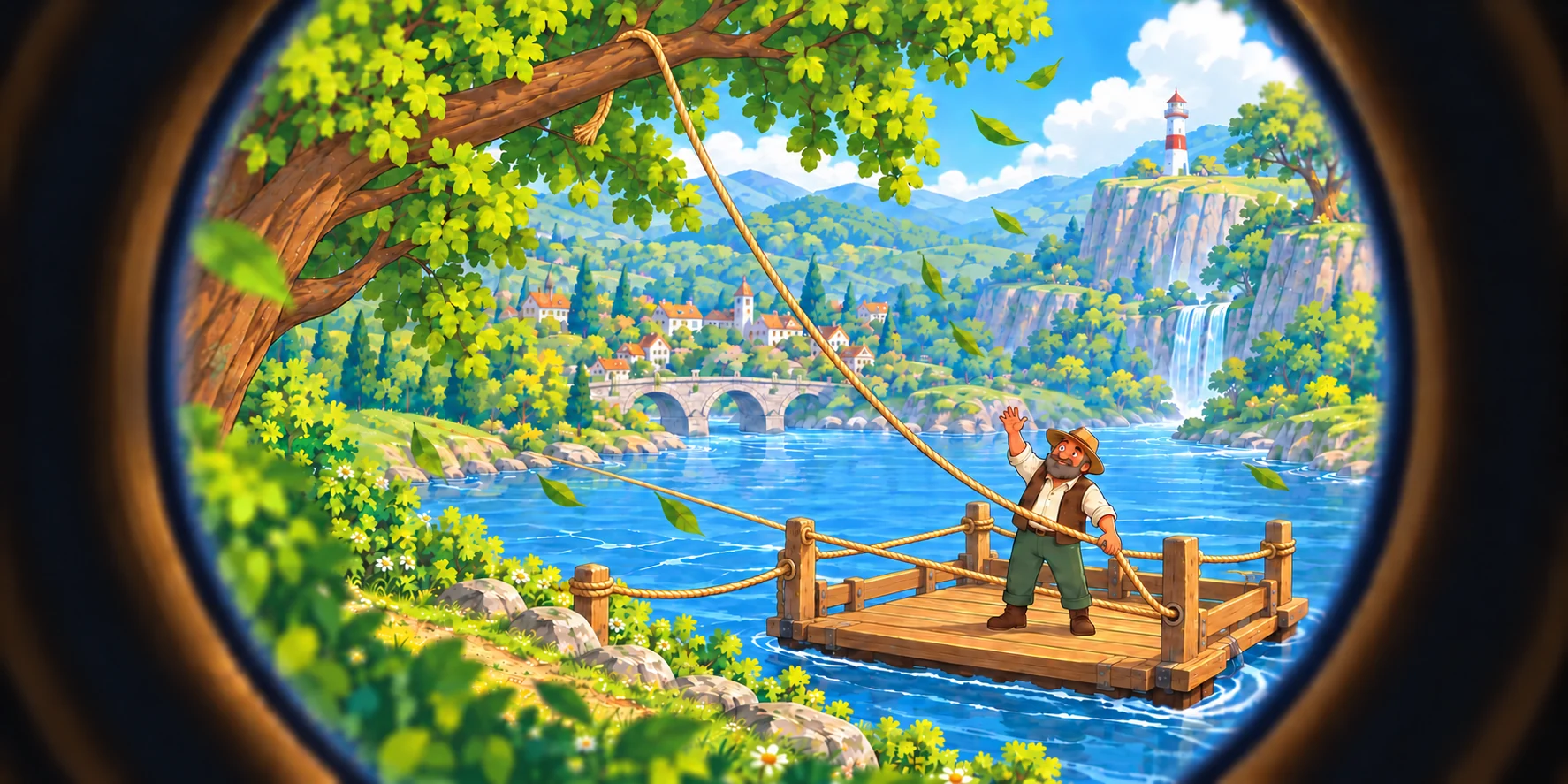 Through Fig’s telescope, the ferryman looks up at the rope caught high in a tree.