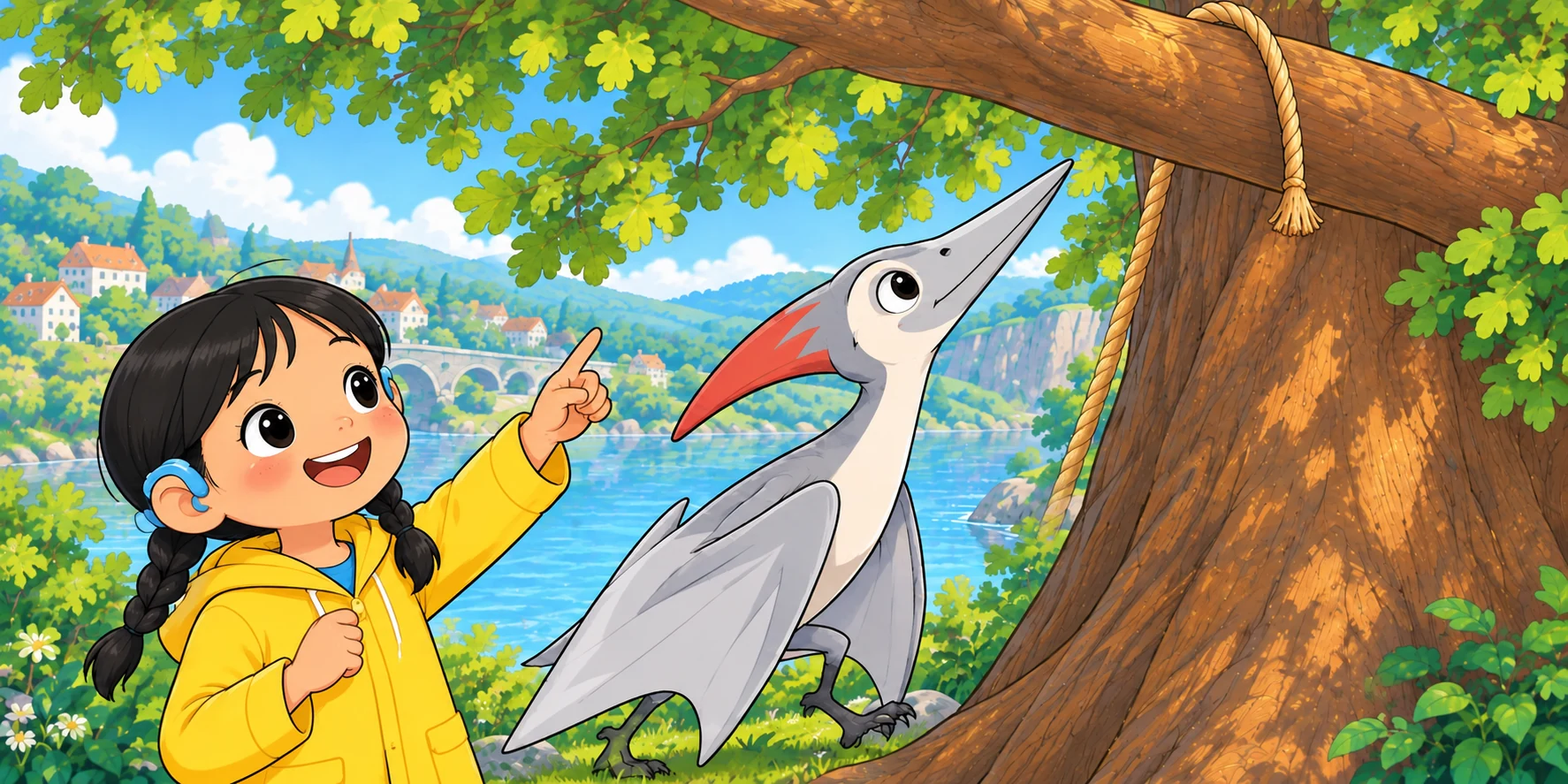 Kite walked round the tree, head tipped up. He pointed his beak at one branch. "There," said Hana. "Wrapped round. Too high." Illustration for story page 18.