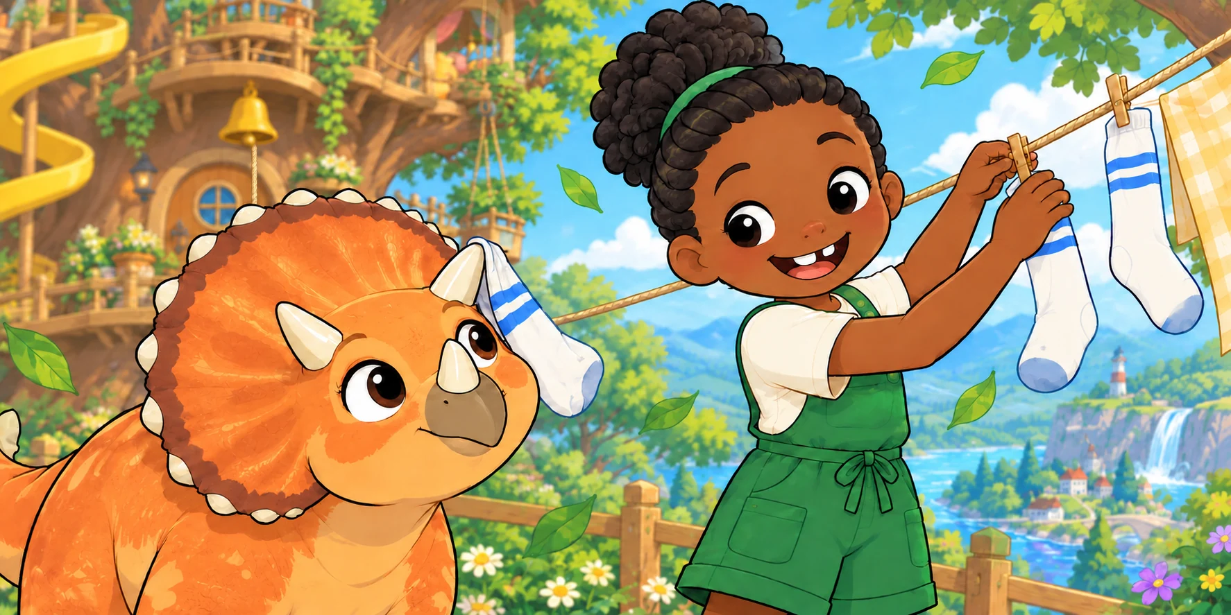 The sock went past Pebble's nose. Pebble turned her head. The sock stopped, on a horn. "Good catch," said Ivy. She pinned the next one. Illustration for story page 2.