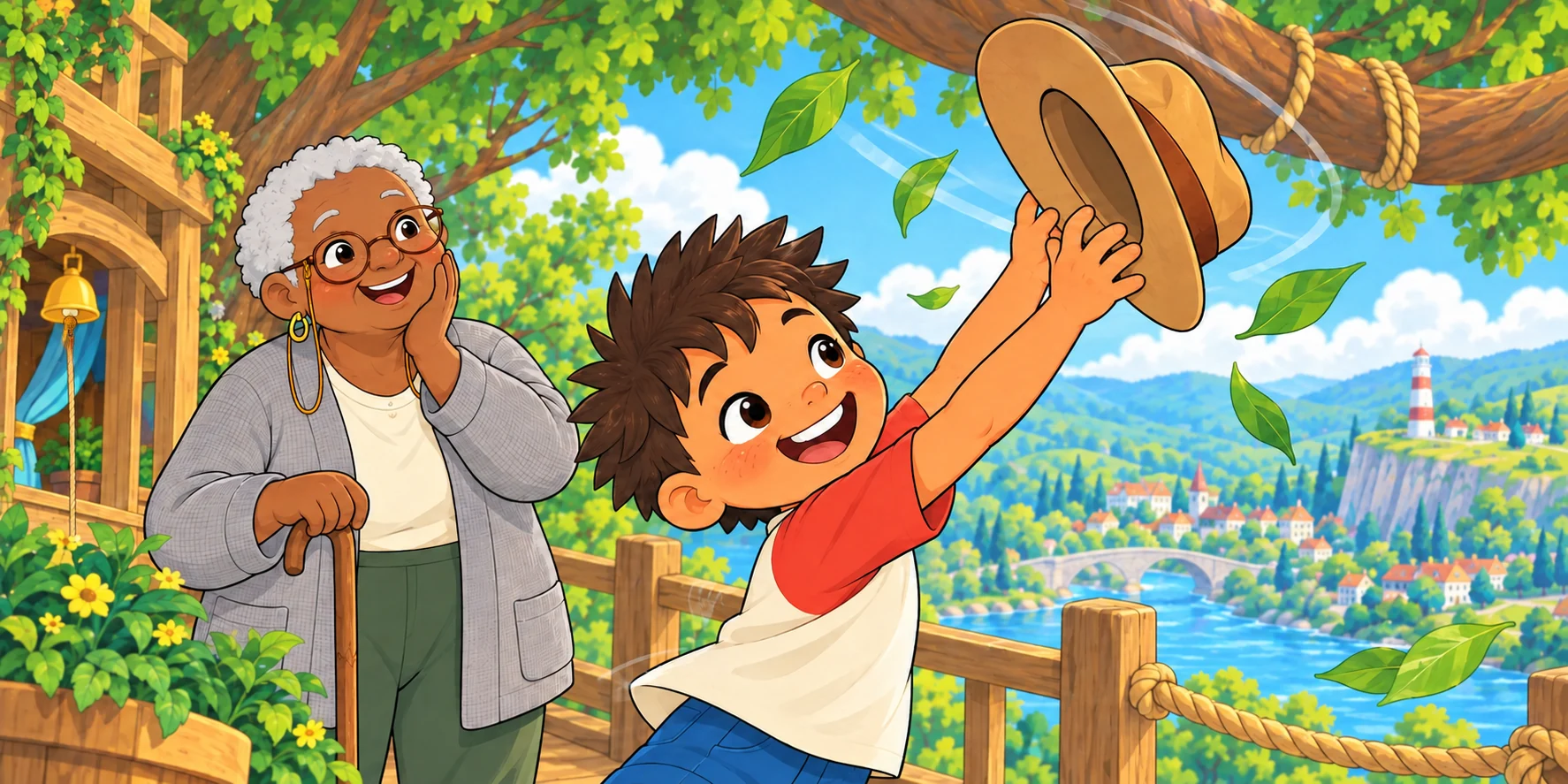 "A rope up a tree," said Fig. "On a windy day. That's a high thing." Her hat went. Dax caught it. "Who's the one for a high thing?" Illustration for story page 8.