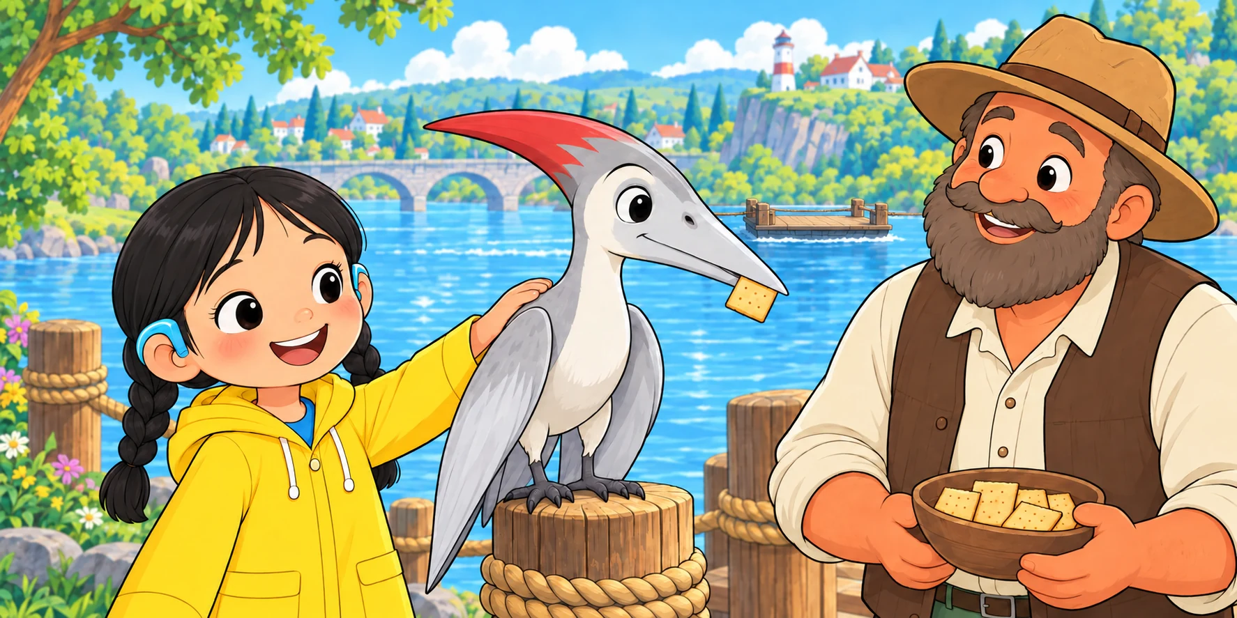 The Ferry went across. "Thank you, all of you," said the Ferry-keeper. "Have a cracker." Kite had his on the post. Hana patted Kite. "Ring the Bell, and we'll come." Illustration for story page 25.