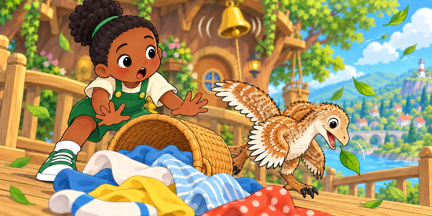 Ding-dong-DING! Ivy dropped the basket. Waffle dropped the leaf. Kite held on to the rail. Illustration for story page 4.