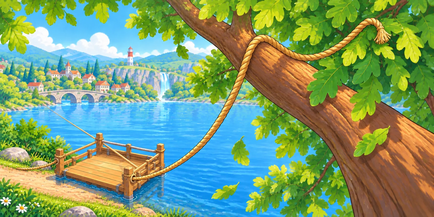 The Ferry sat tied at the bank. The rope went up out of the water, into the tree. Round a branch, high up. The end was in the leaves. Illustration for story page 12.