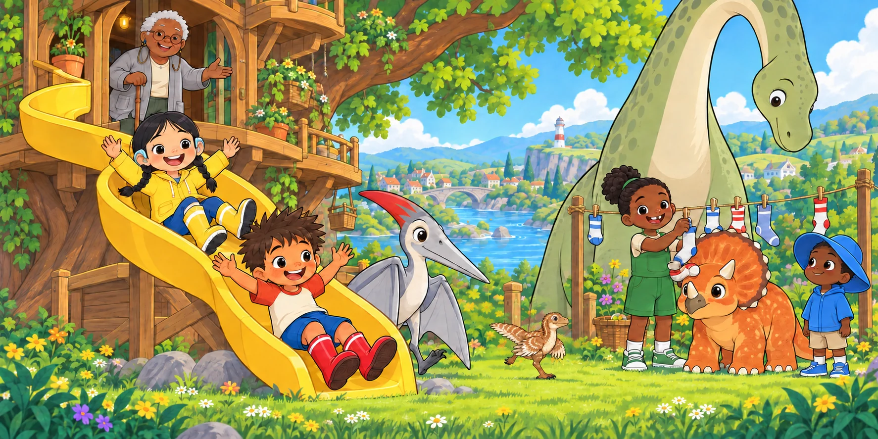 "Hana and Kite!"
"Kite, you'll fetch," said Fig. "Waffle, you'll find. The rest of you, hold on to your hats." "We'll do the socks," said Ivy. Pebble caught a sock. Illustration for story page 9.