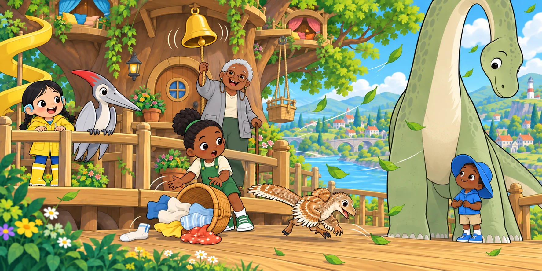 Kite sat on the Lookout rail, wings folded tight, next to Hana. Waffle chased a leaf. Obi stood under Maple, out of the wind. Illustration for story page 3.