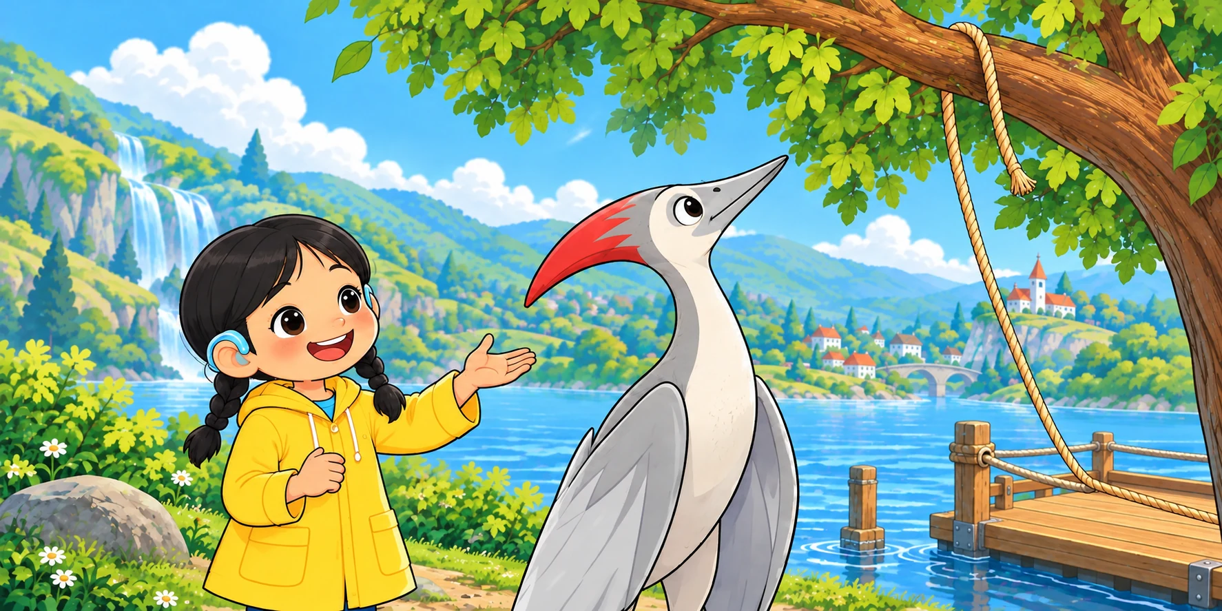 Hana looked up at the rope. Kite looked at the tree, and the tree bent. "Kite, will you fetch?" Illustration for story page 14.