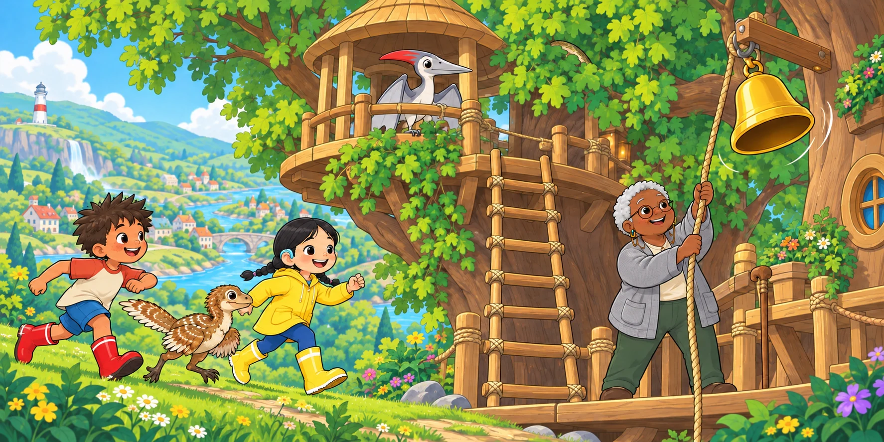 Dax and Waffle raced Hana to the ladder. Waffle won. Kite sat on the Lookout rail. Skitter-skitter. Kite looked. Only leaves. Illustration for story page 3.
