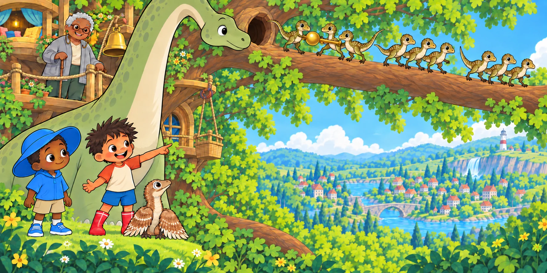 Maple's nose was at the hole. Nine heads came up. Maple did not push. Three Nibblers picked up the clapper. Skitter-skitter. Along the branch, and gone. Illustration for story page 17.