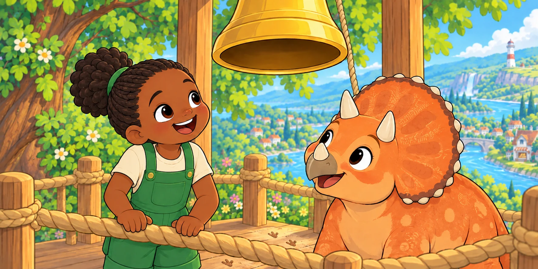 Up the ladder went four kids, and up the trunk-path came the rest. The Bell hung there with nothing inside. They sang all the same.
"Ivy and Pebble, push and pull!"
Hrrmph!
"Hana and Kite, see and fetch!"
Tik-tik! Illustration for story page 6.