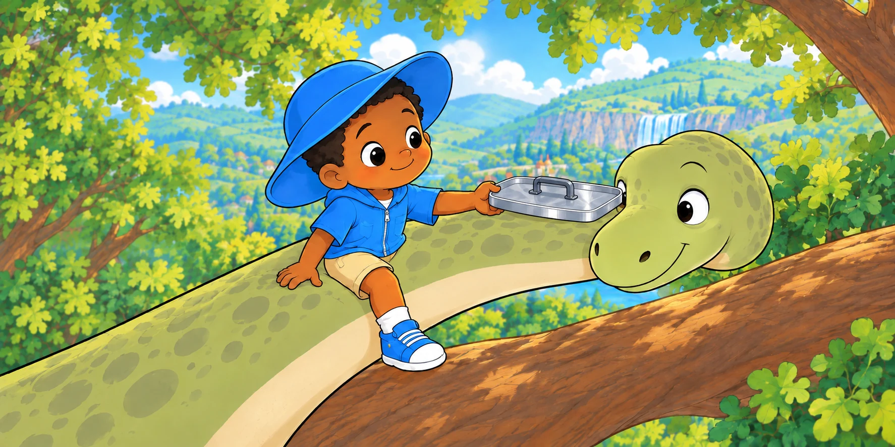 Hmmmm.
Maple's neck came down. "That's a yes!" Maple put Obi on his neck, and up they went. Obi held the lid out along the branch. And he waited. Illustration for story page 22.