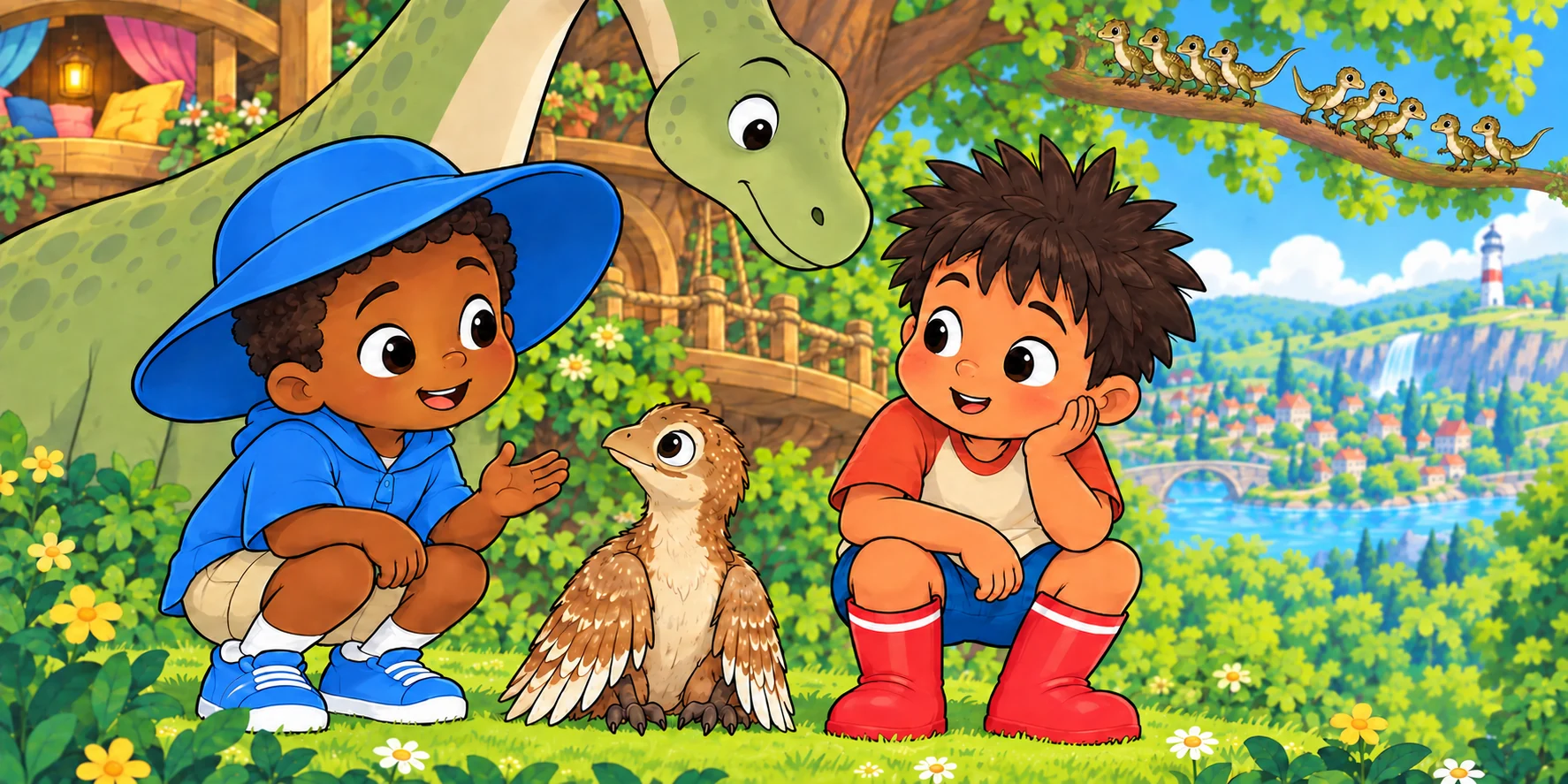 "Waffle! Run and get them!" said Dax. "Help, don't hurt," said Obi. "They're small." Waffle looked at Dax. Waffle looked at Obi. Waffle sat down. "Okay," said Dax. "No chasing." Illustration for story page 18.
