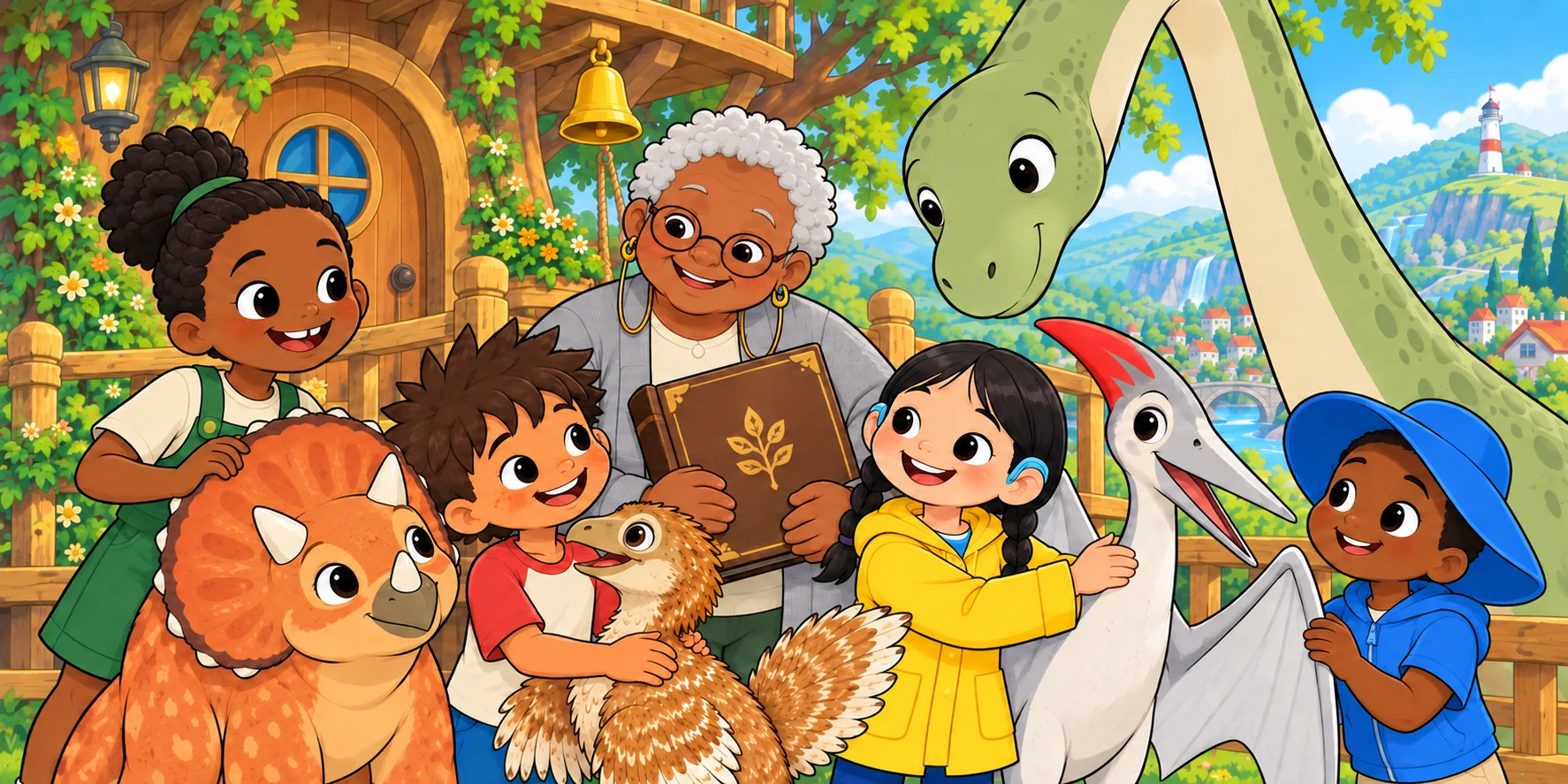 "Ivy and Pebble, home. Hana and Kite, home. Dax and Waffle, home. Obi and Maple, home. And Fig makes nine. All home." Illustration for story page 32.