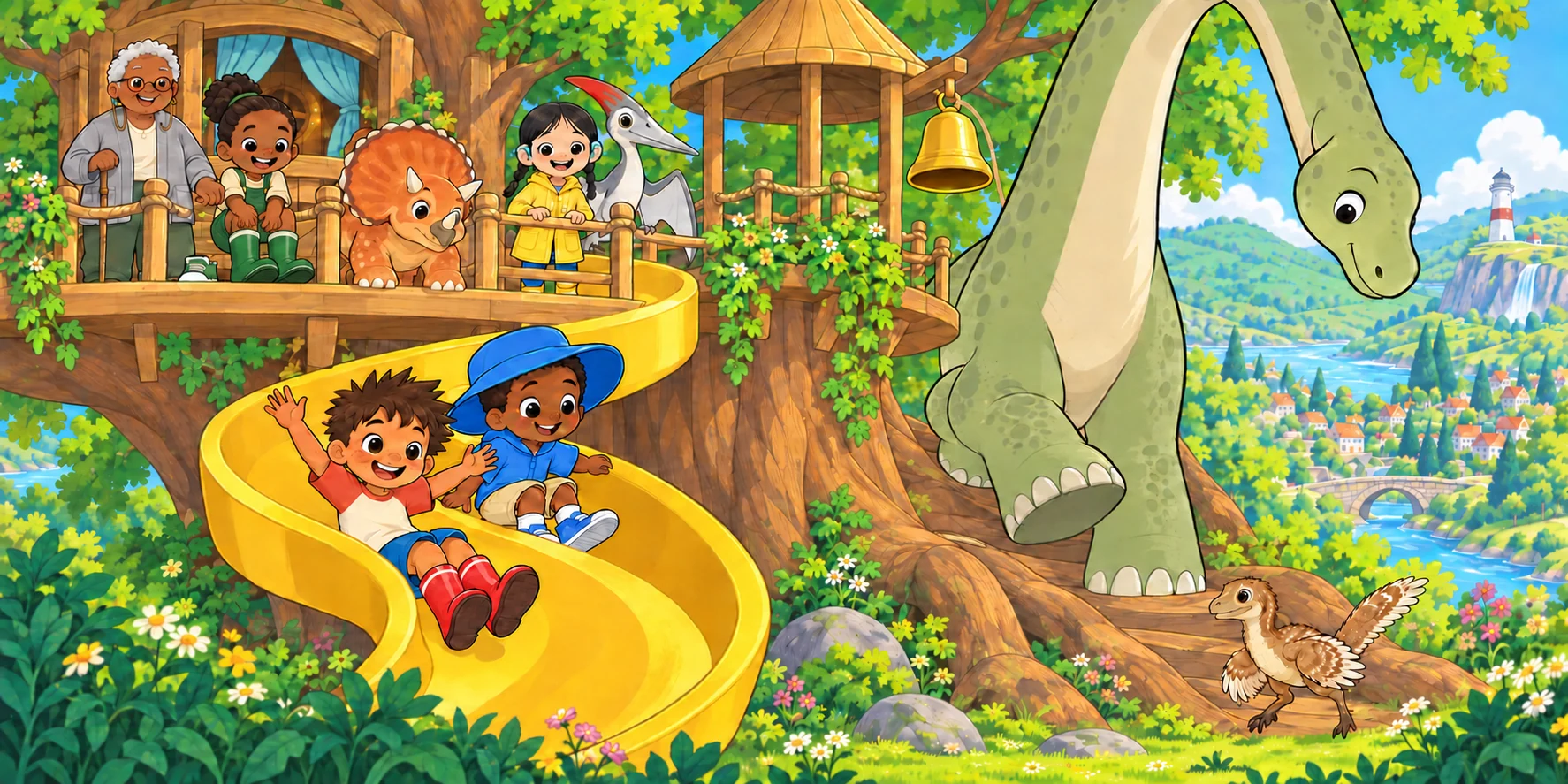 "Obi and Maple!"
"Maple, you'll reach," said Fig. "Waffle, you'll find the hollow. Hana and Kite, wait. Ivy, you're with me." "I'll wait on the Slide," said Ivy. "I know," said Fig. Illustration for story page 9.