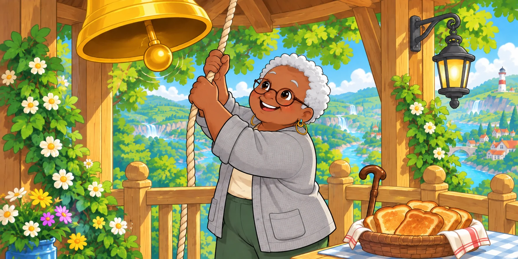Fig hung the clapper back in the Bell. "Thank you, both." Out came the toast. She pulled the rope. Ding-dong-DING! Illustration for story page 26.