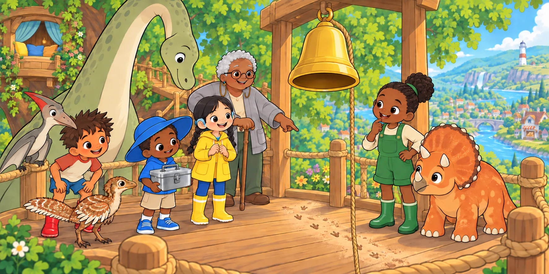 "Roostlings! The Bell!" called Fig. "Up and out!" called four kids. "It didn't ring," said Ivy. "No," said Fig. "No clapper. The bit inside that goes ding." In the dust, tiny toes, all the way to the rail. Illustration for story page 5.