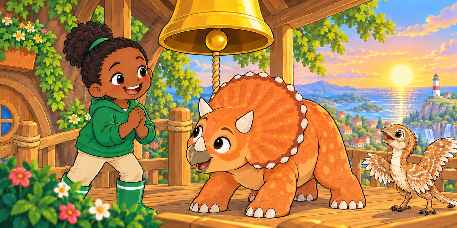 Ivy, Pebble, and Waffle sing beneath the bell with the sunset sea behind them.