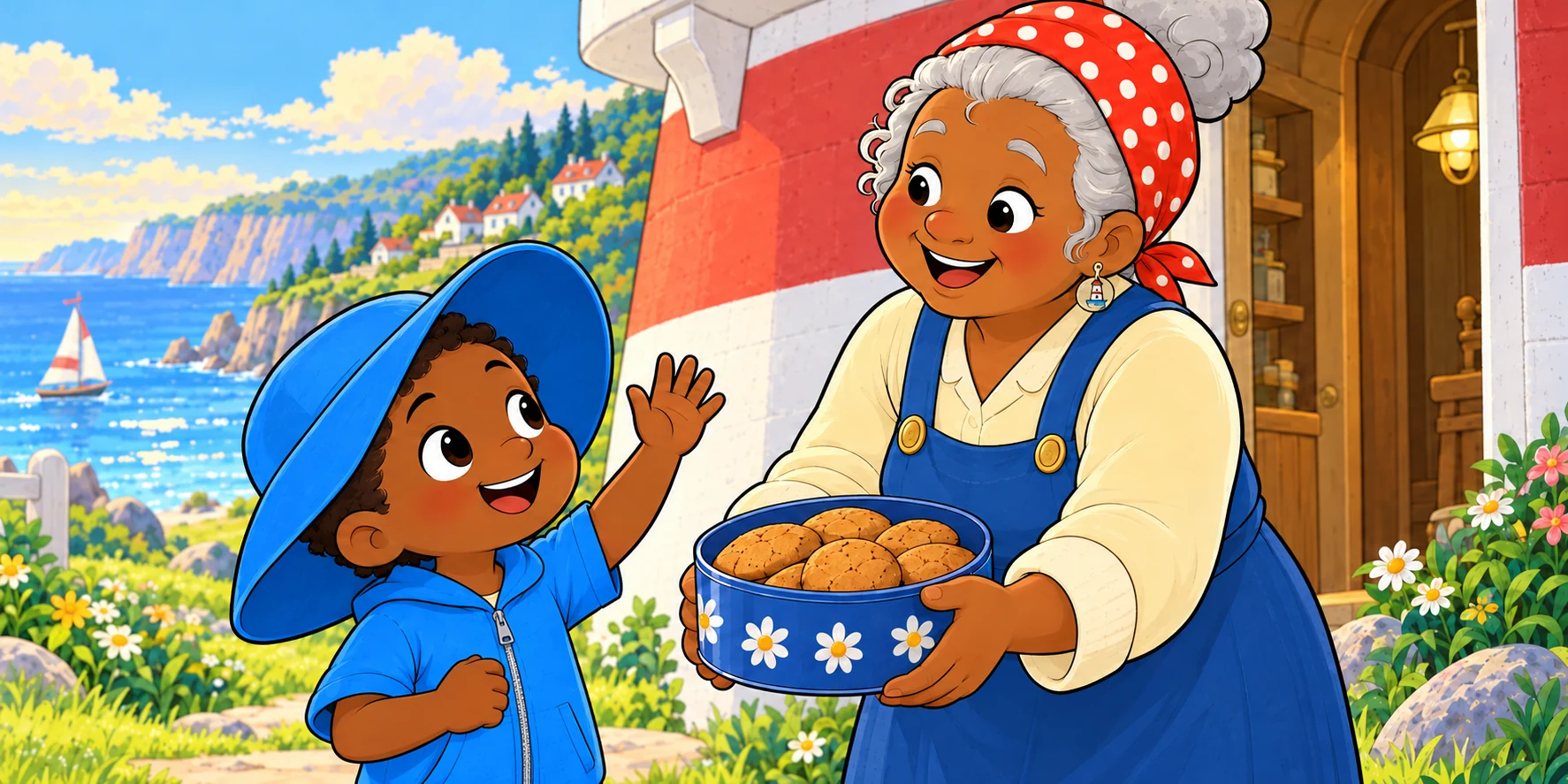 Obi and the lighthouse keeper share ginger cookies in the daylight.