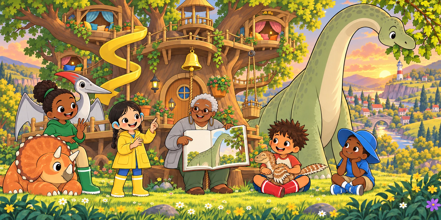 "Two," said Hana. "A grown one is as tall as a house with four floors. He eats the leaves at the top of the trees." Illustration for story page 29.
