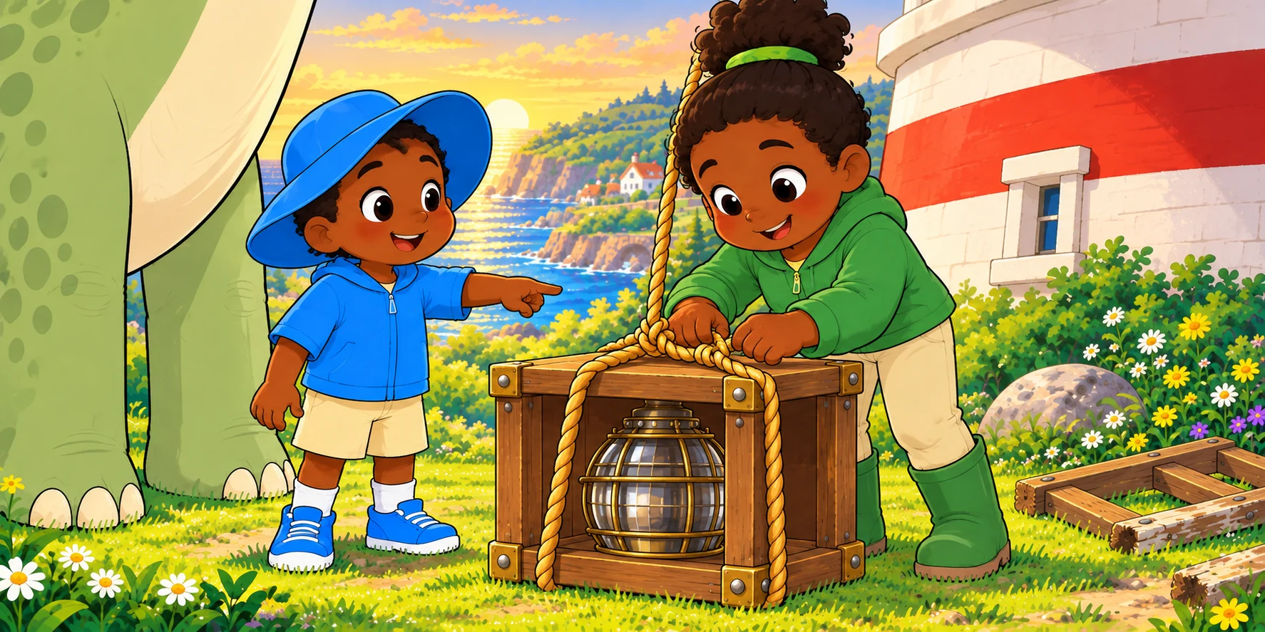 Ivy ties rope around the lamp box while Obi points beside Maple's leg.