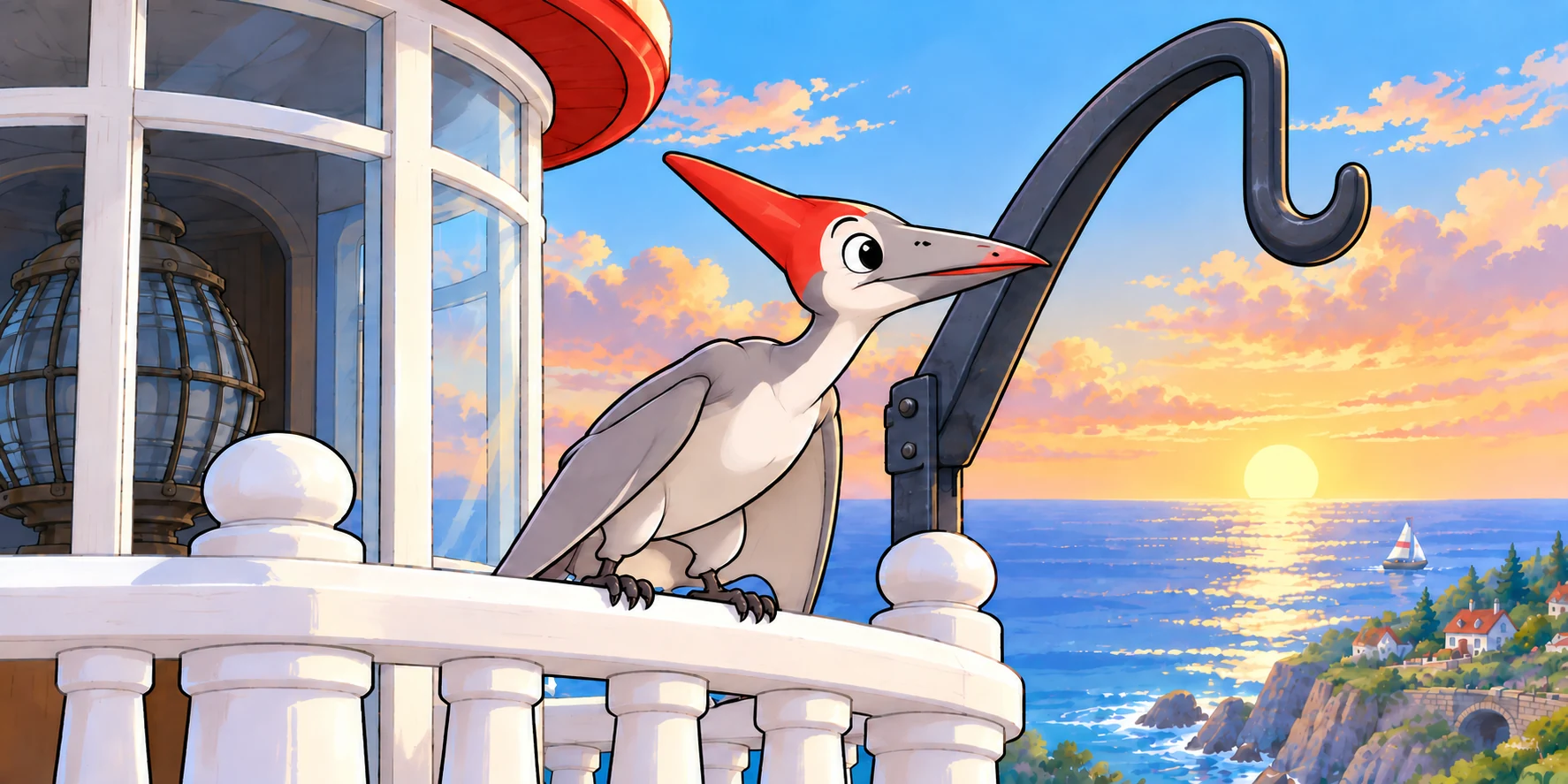 Kite studies the large black hook above the lighthouse railing.