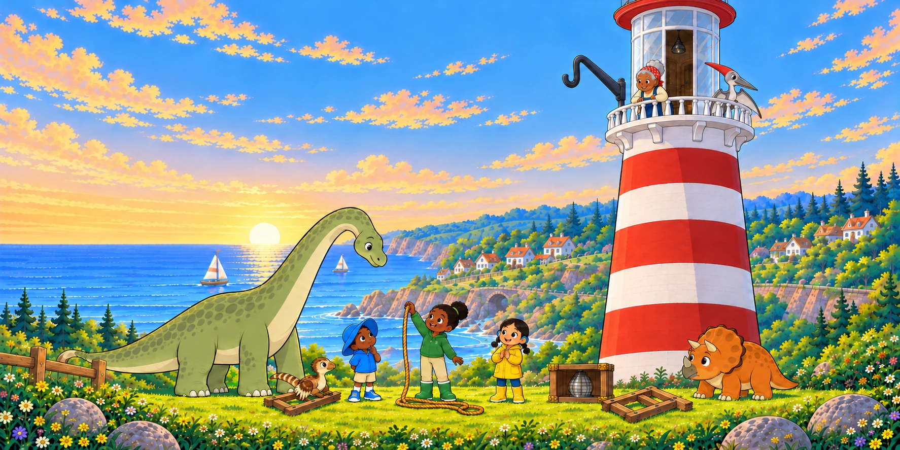 First at the Lighthouse was Waffle. She sat on the ladder. Ivy held the rope up. "Round Maple's neck," she said. "Then Pebble pulls, and up goes Maple." Illustration for story page 21.