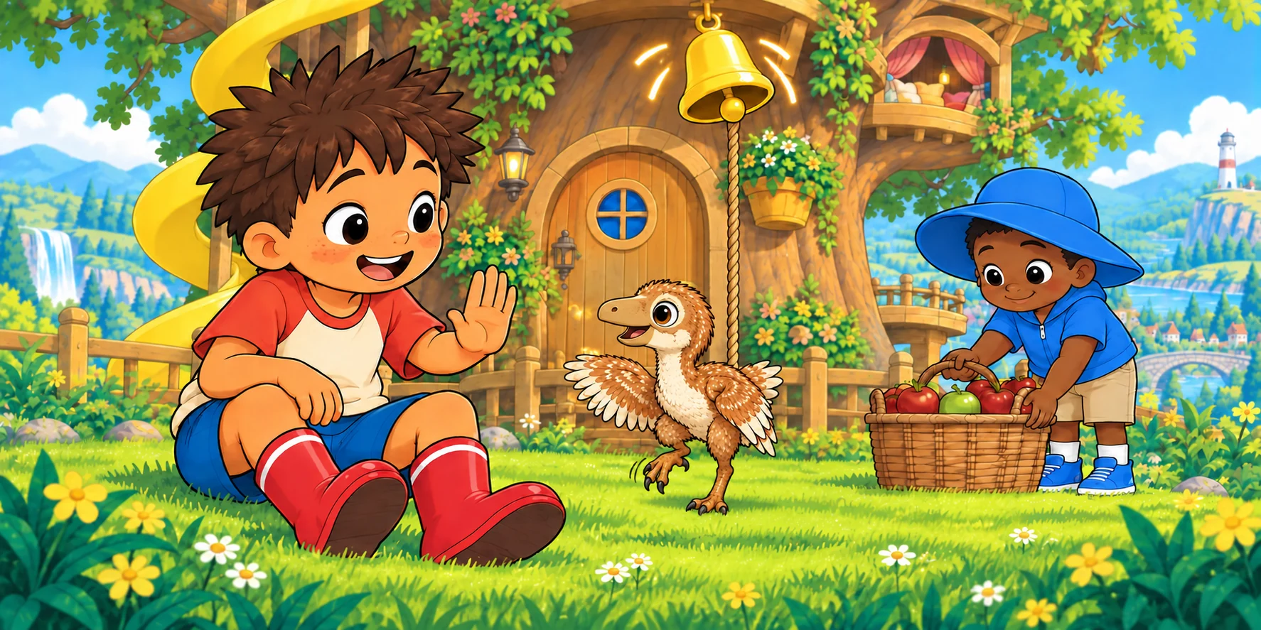 Dax stops Waffle as Obi lowers an apple basket beneath the ringing bell.