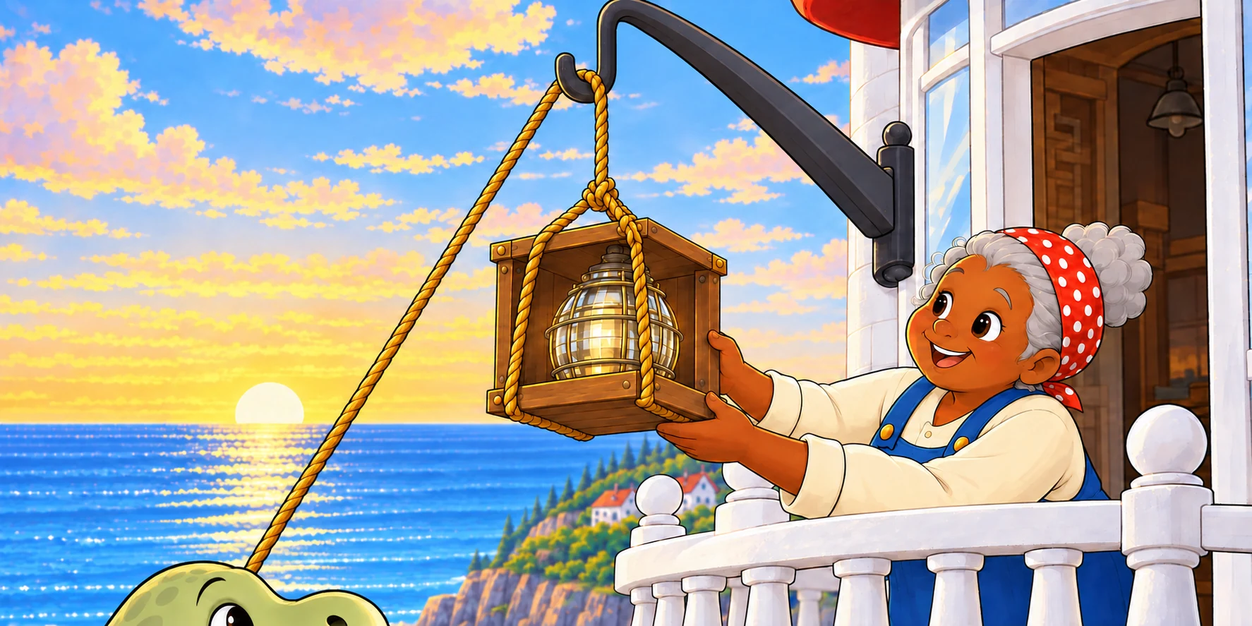 The Lighthouse-keeper reaches for the suspended lamp crate beside Maple's head.