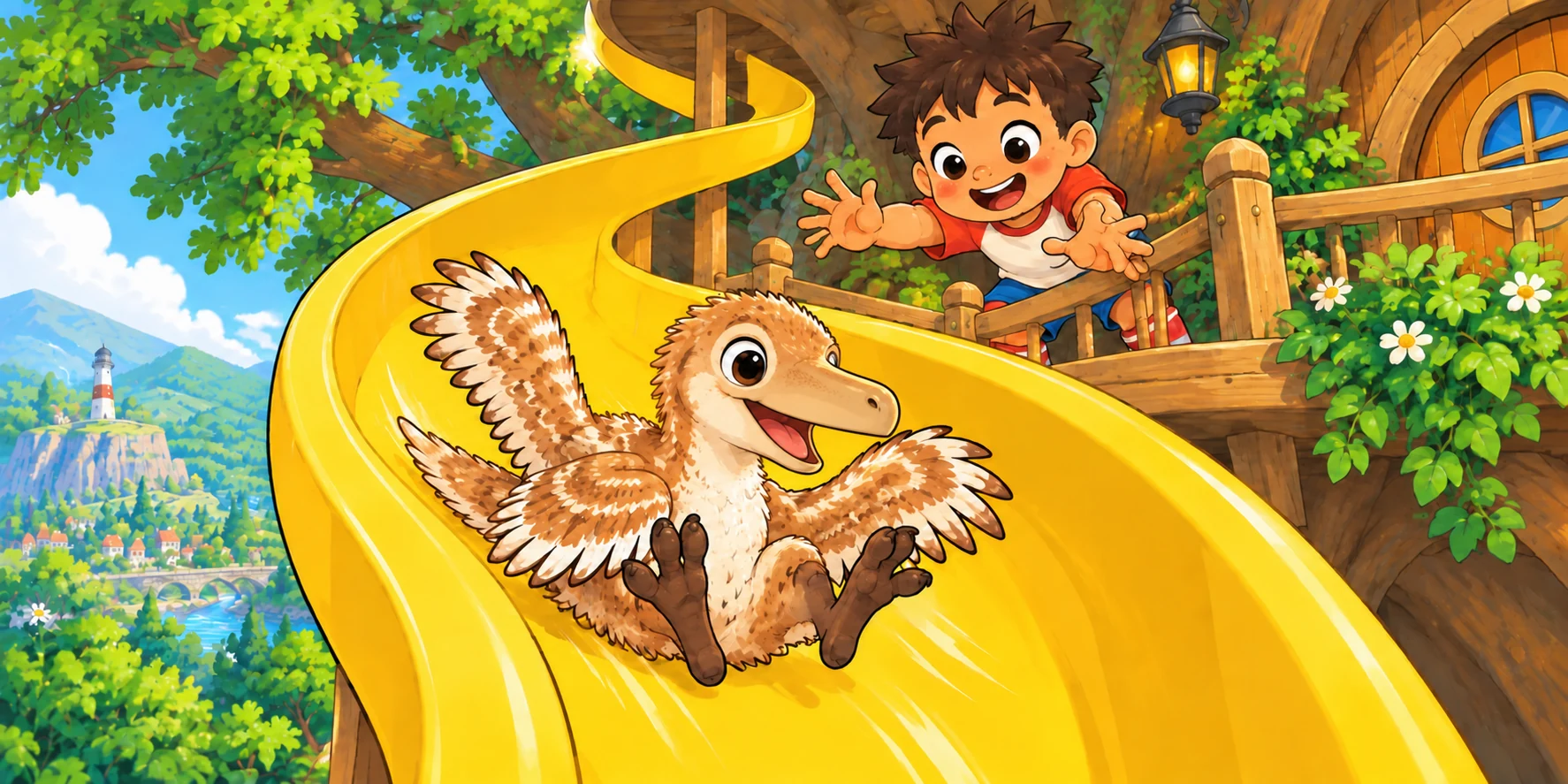 Waffle scoots down the Slide while Dax reaches after her.