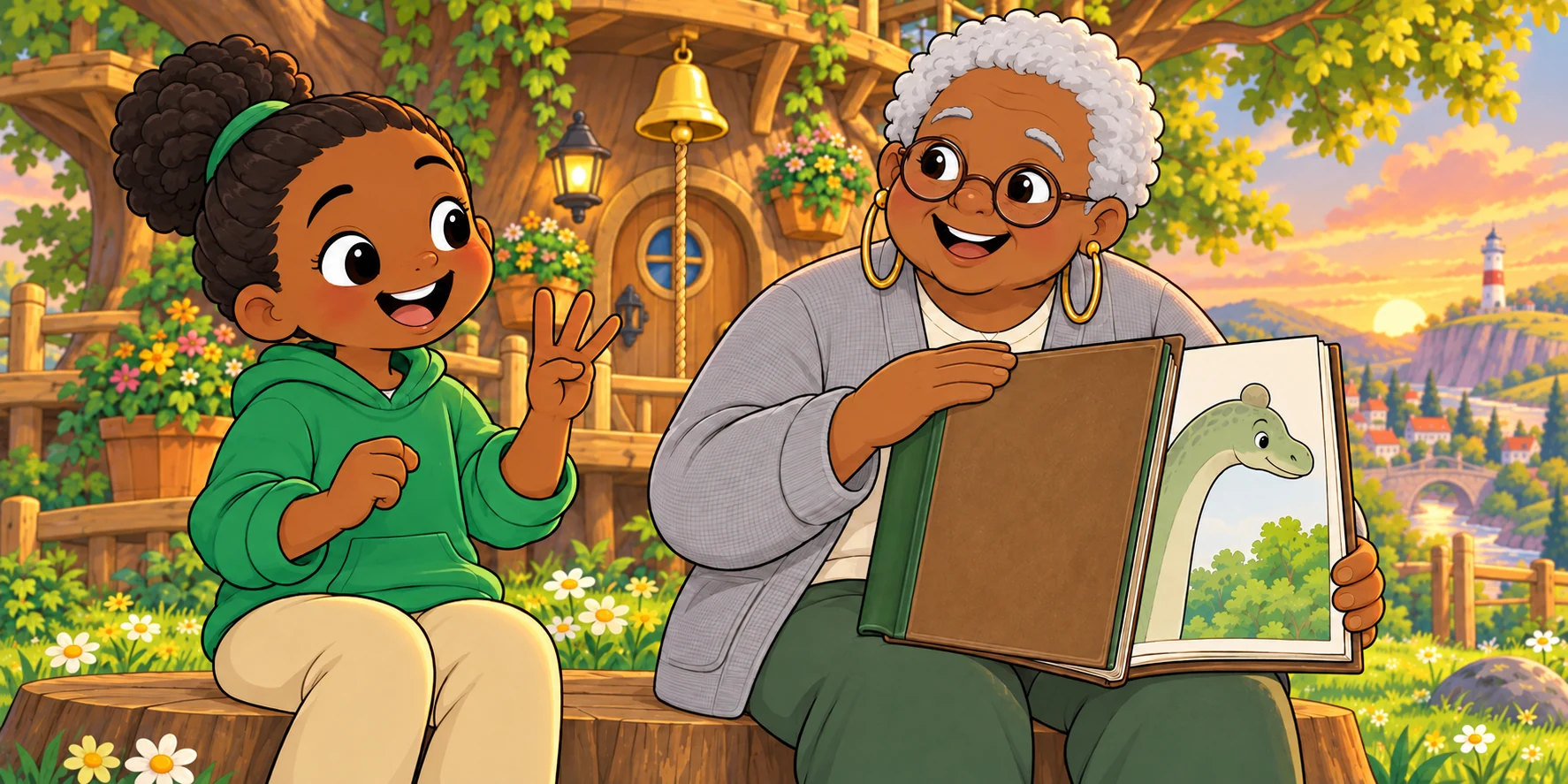 Ivy holds up three fingers as Fig closes the dinosaur book.