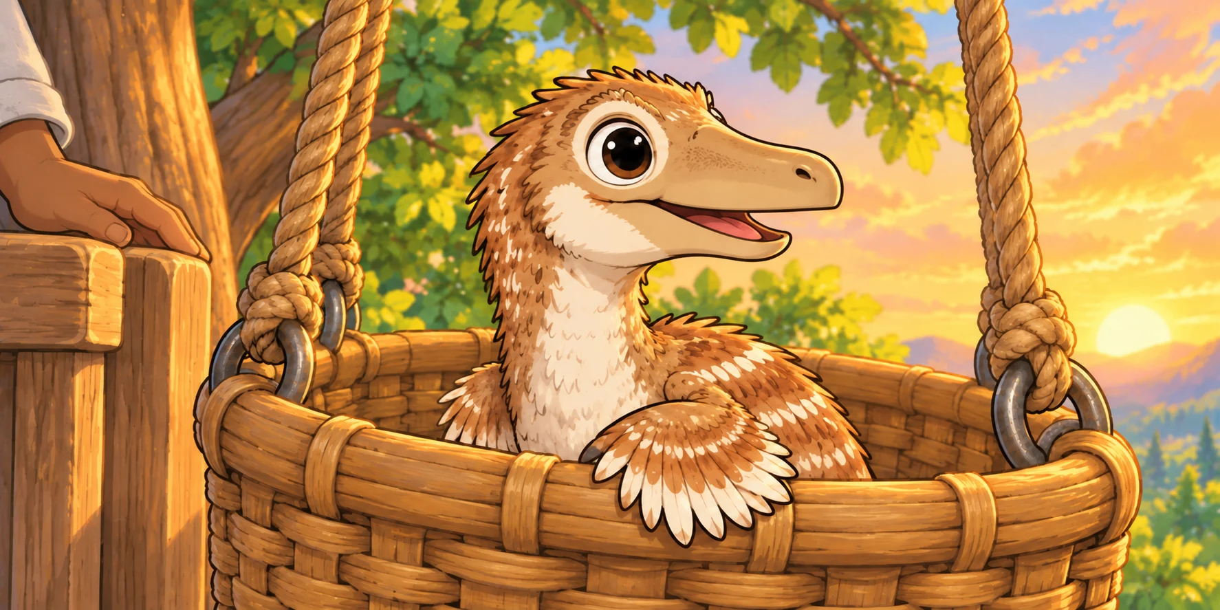 Waffle rides home in the Lift basket beneath a golden sky.