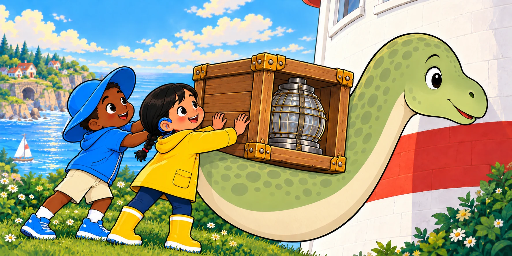 Obi and Hana stand on grass and push an unlit lamp crate onto Maple's lowered neck.
