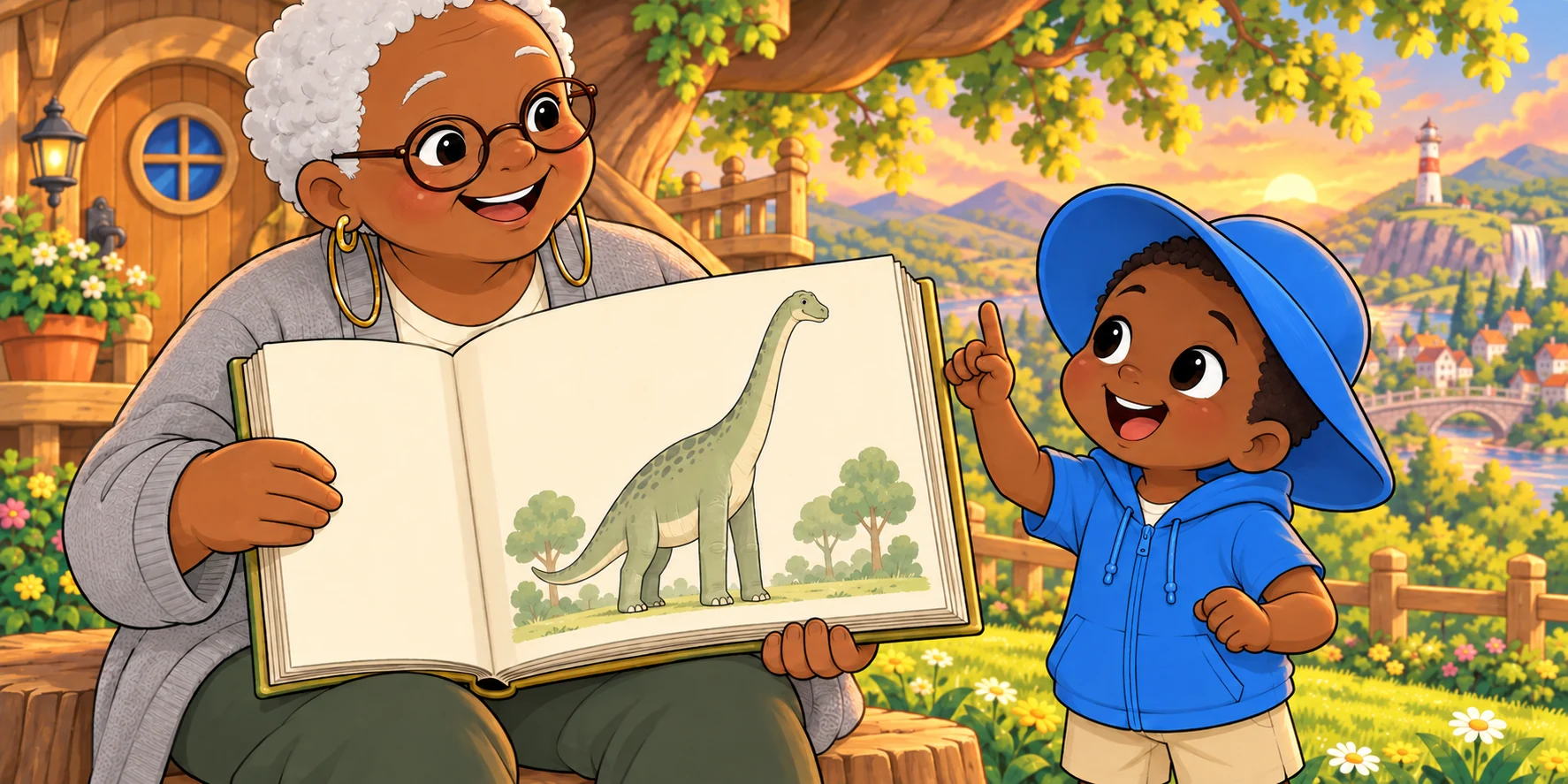 Obi holds up one finger beside Fig's book picture of a Brachiosaurus.