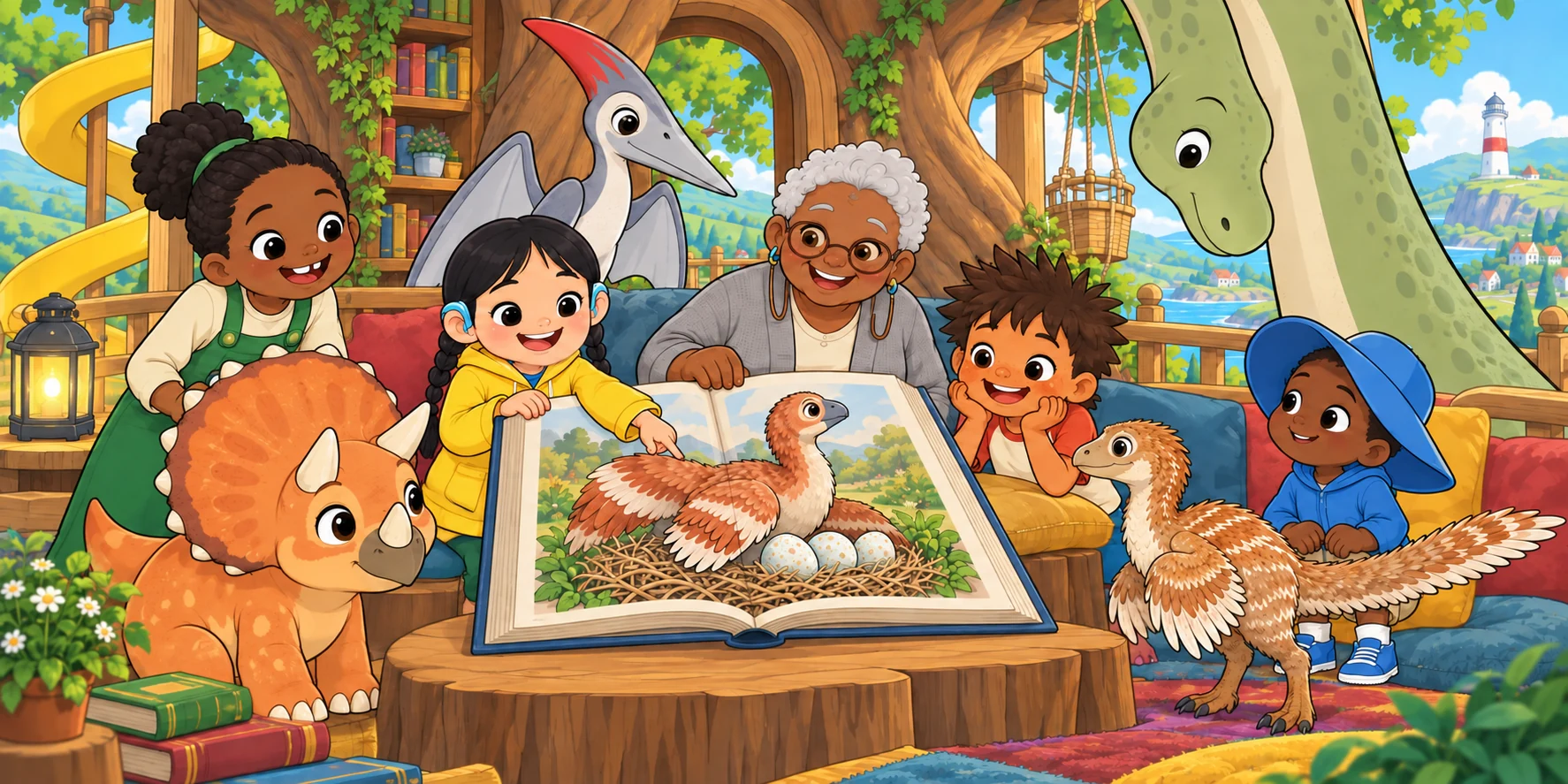 "Big Book, open." Fig found the page with the eggs. "Three true things about the Oviraptor." Illustration for story page 27.