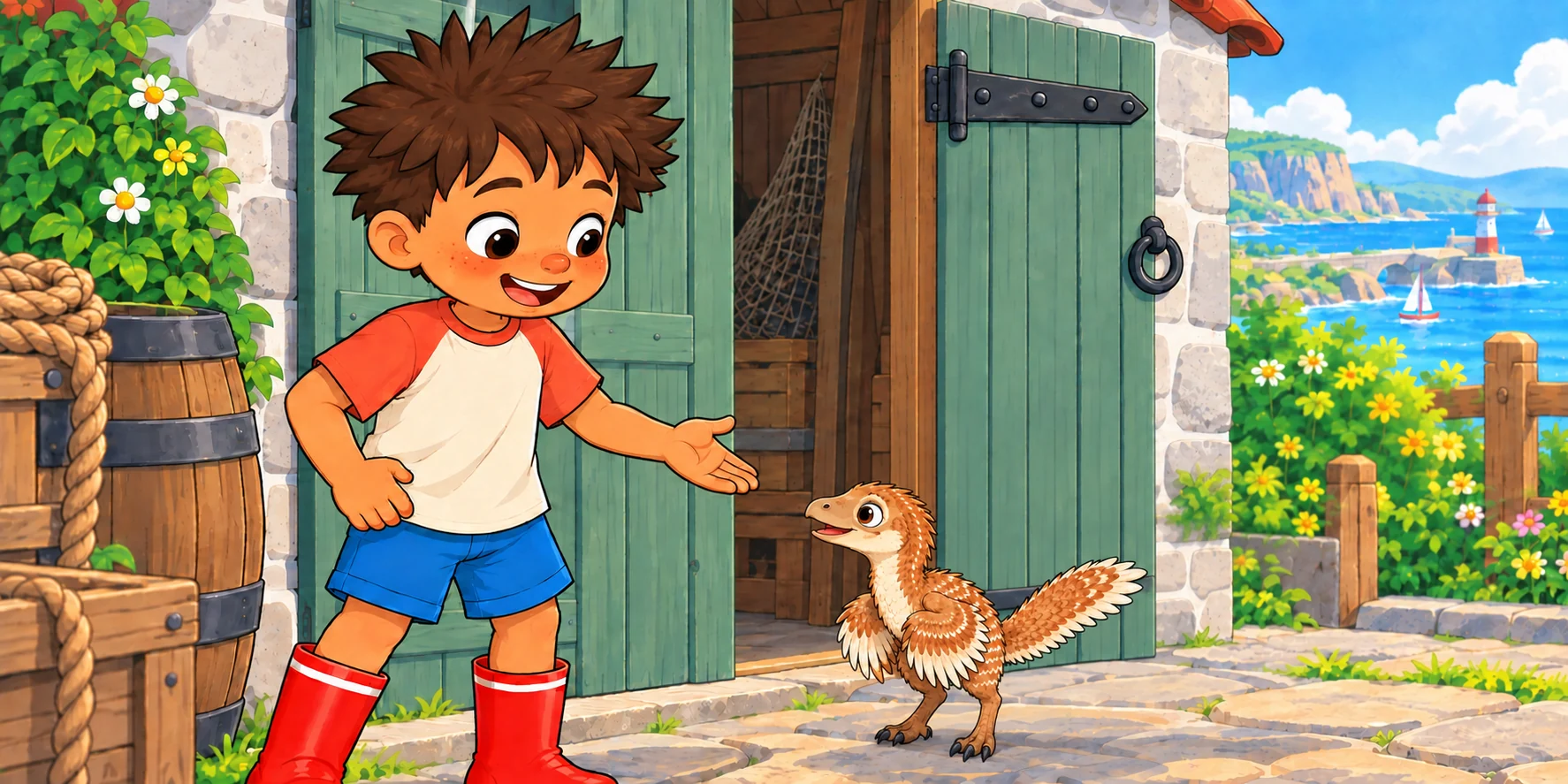 Dax and Waffle stand beside the open white stone Lighthouse shed with green shutters and a red tile roof.