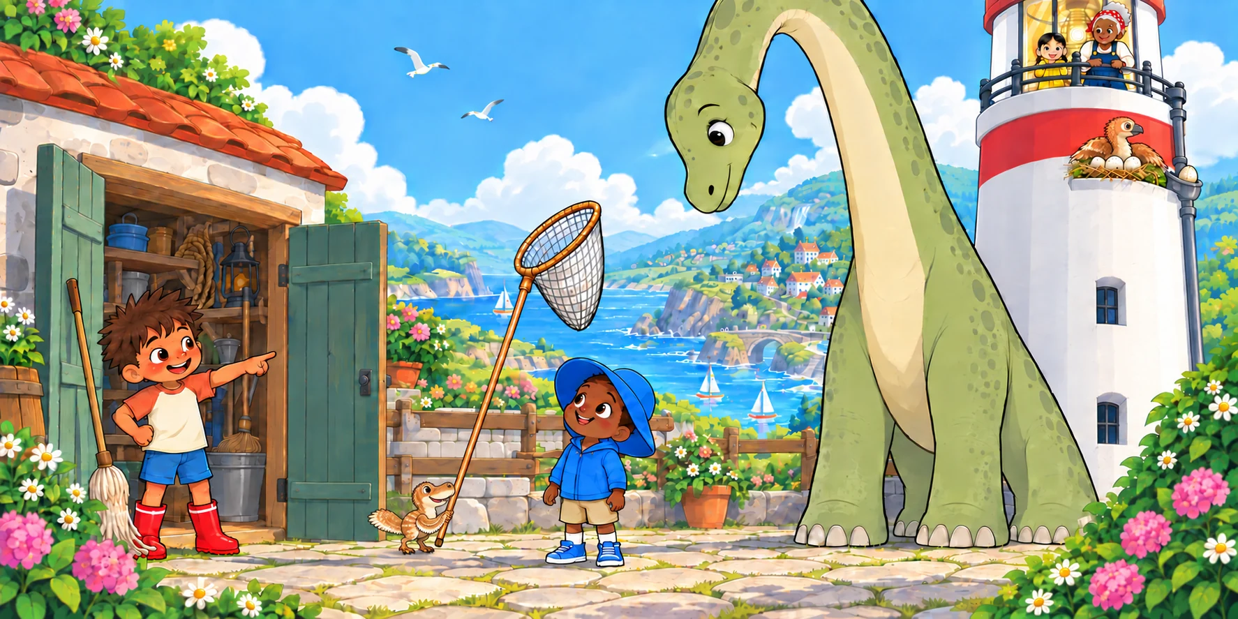 Chirrup!
Waffle's tail fanned. "That's a yes!" In she went. Out she came with a mop. "Not that one," said Dax. Out again, backwards, with the net on its pole. Illustration for story page 19.