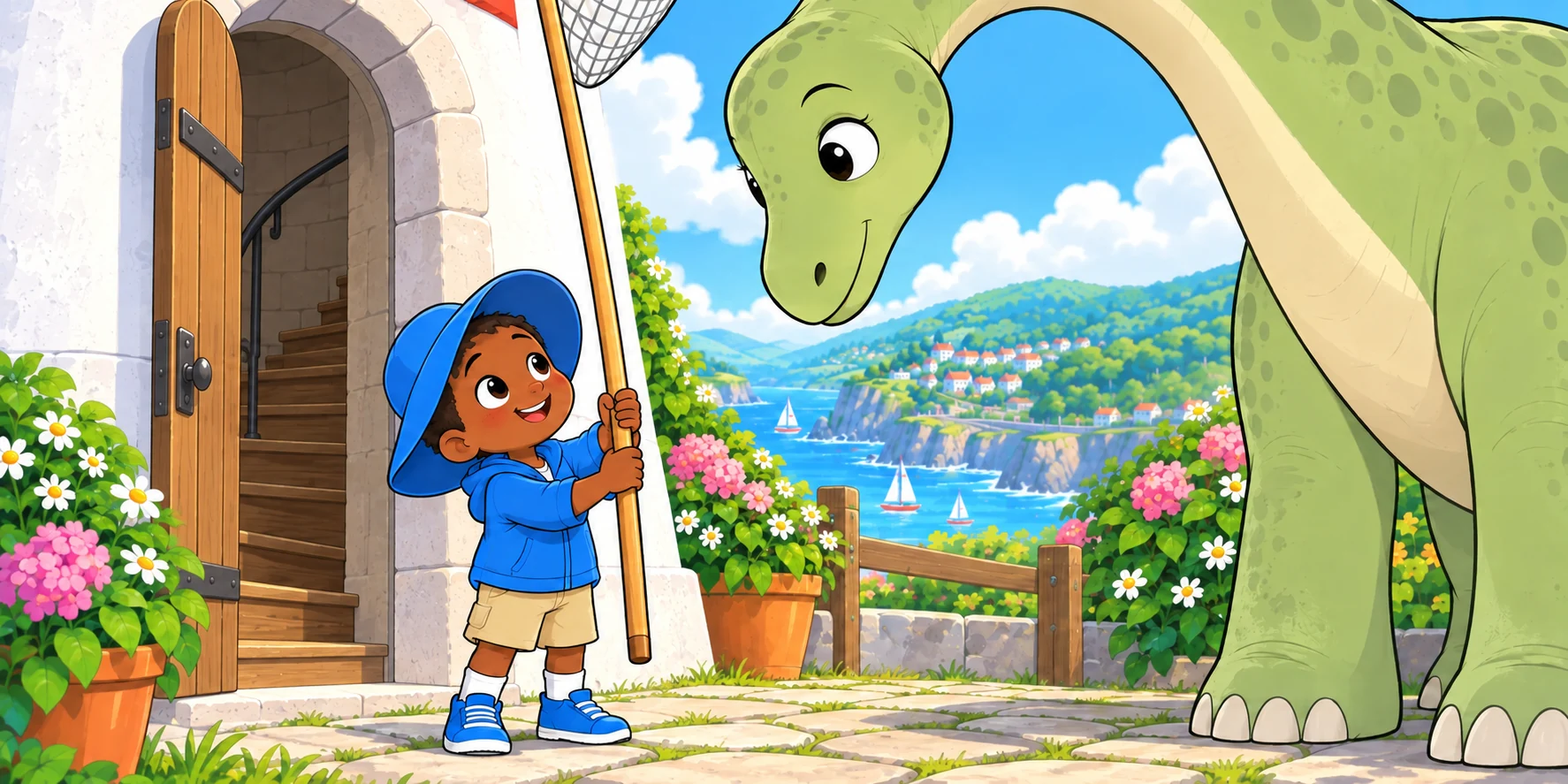 Obi holds the long net pole upright while asking Maple for help.