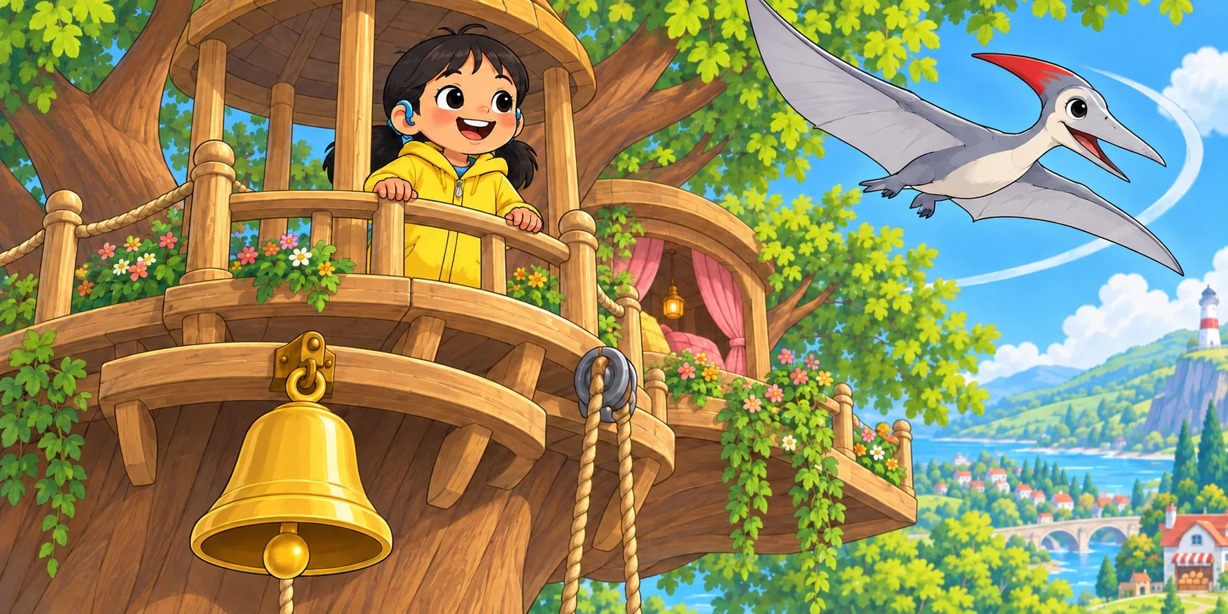 Hana holds the Lookout rail with both hands while Kite circles near the Bell.