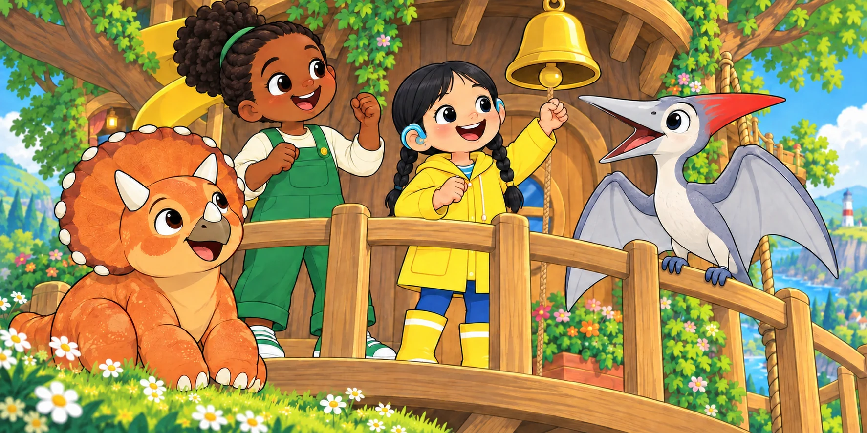 Ivy and Hana sing with Kite while Pebble sits beside the striped ball.