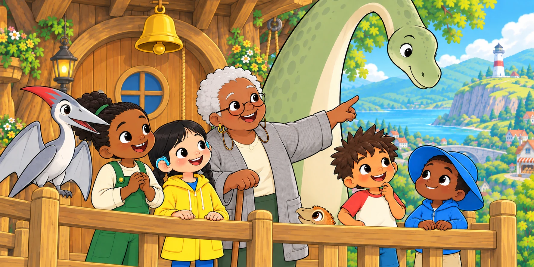 Fig gestures toward the lighthouse as the children listen at the Roost.