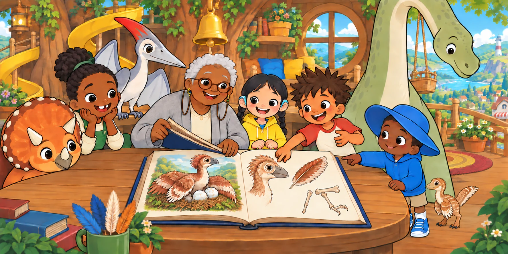 "Two," said Obi. "Ones like her were found sitting on their nests. Arms spread out wide, keeping the eggs warm, like a bird does." Illustration for story page 29.