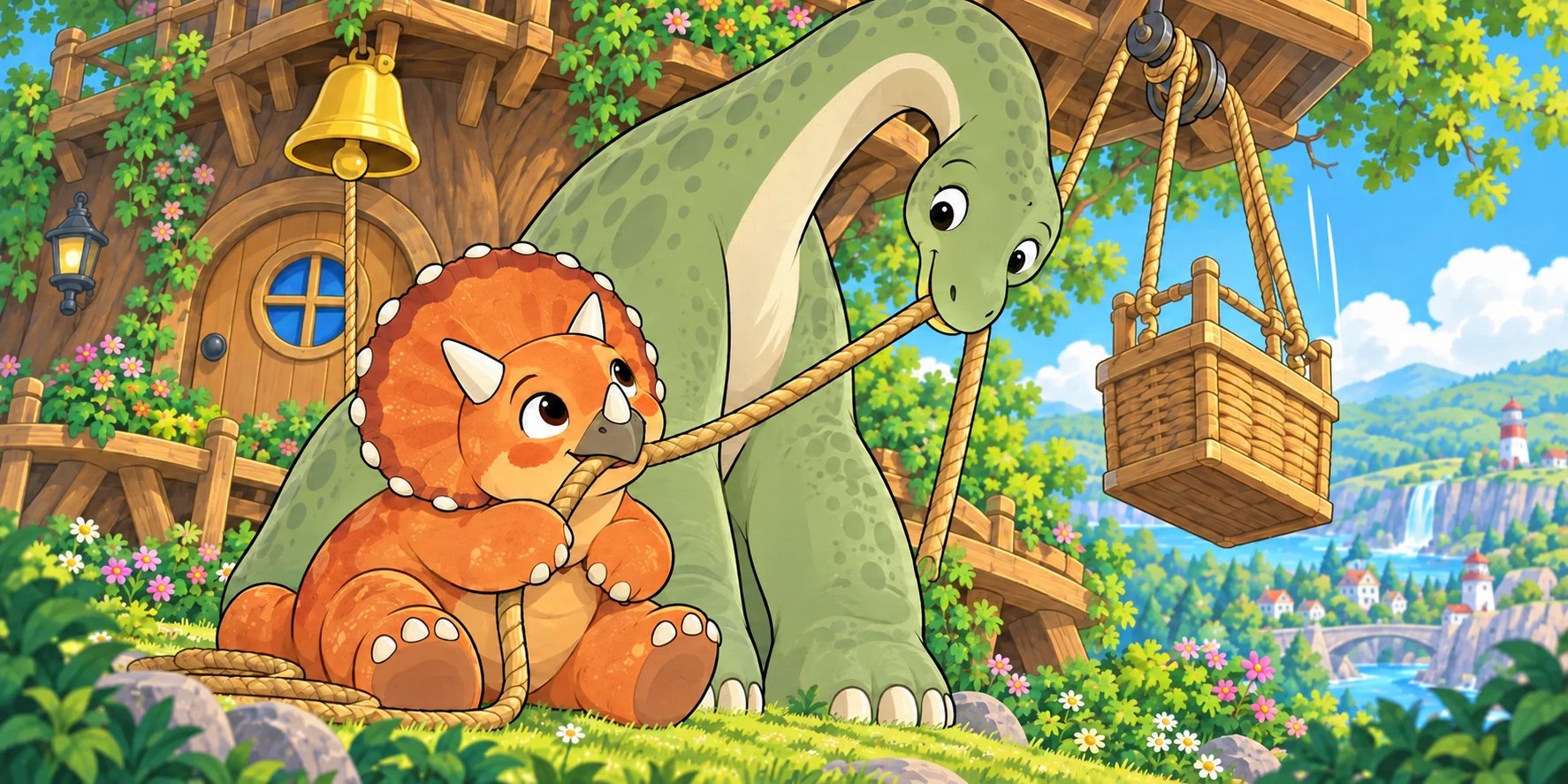 Pebble and Maple pull the Lift rope with their mouths to raise the empty basket.