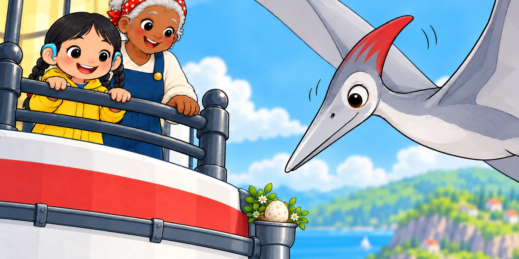 Kite hovers with his beak clear of the egg in the Lighthouse gutter while Hana and the keeper watch from behind the rail.
