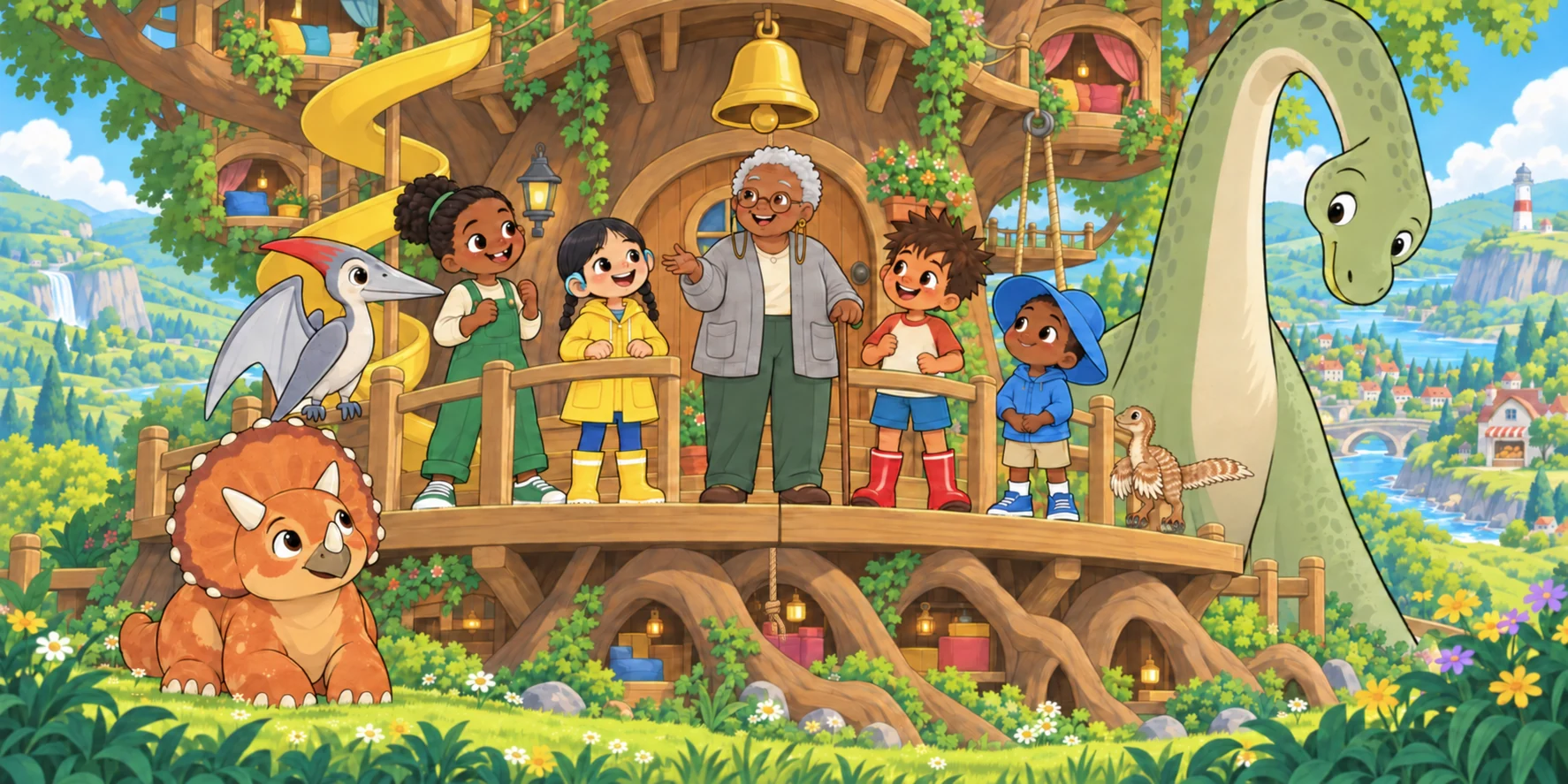 "Roostlings! The Bell!" called Fig. "Up and out!" called four kids. "An egg has rolled out of a nest on the Lighthouse ledge," she said. "It's in the gutter, where the rain runs. The mother can't get to it." Illustration for story page 5.