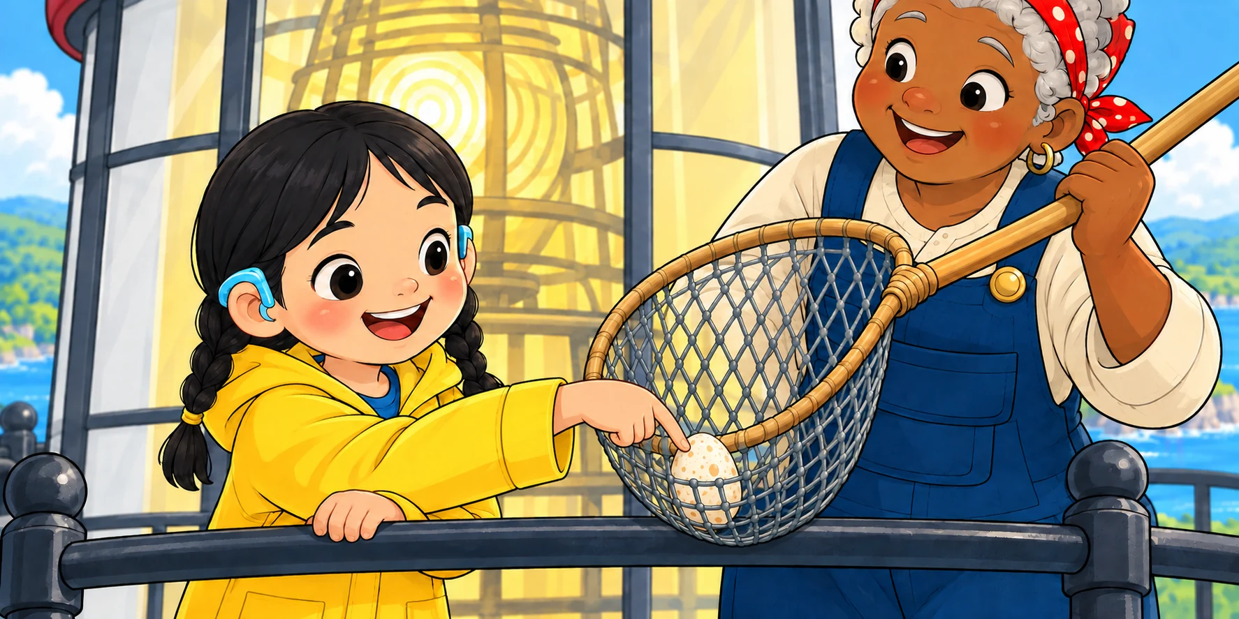 Hana gently touches the whole speckled egg inside the mesh net as the Lighthouse-keeper holds its long wooden handle beside the rail.
